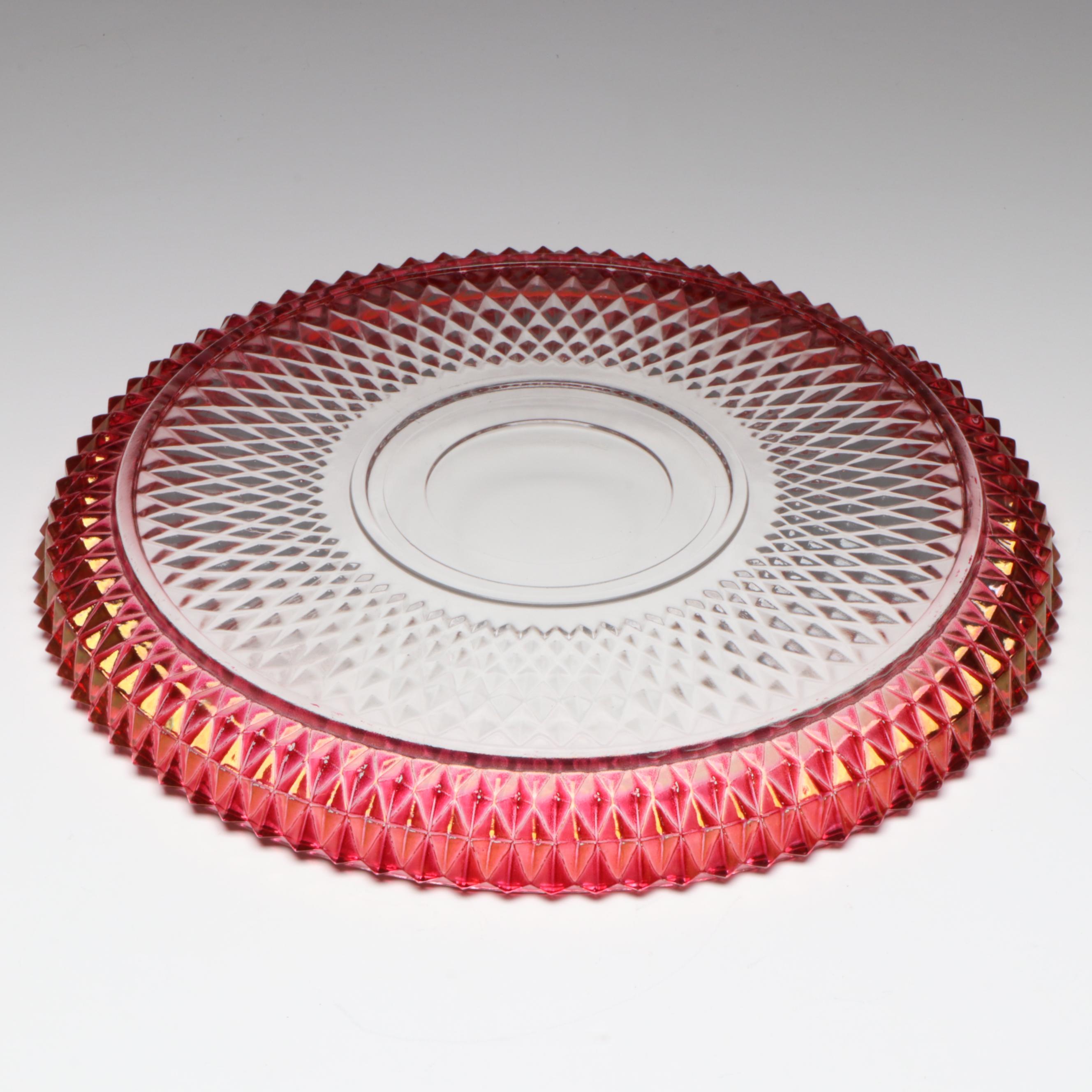 Indiana Glass "Diamond Point Ruby" Glass Water Goblets and Torte Plate