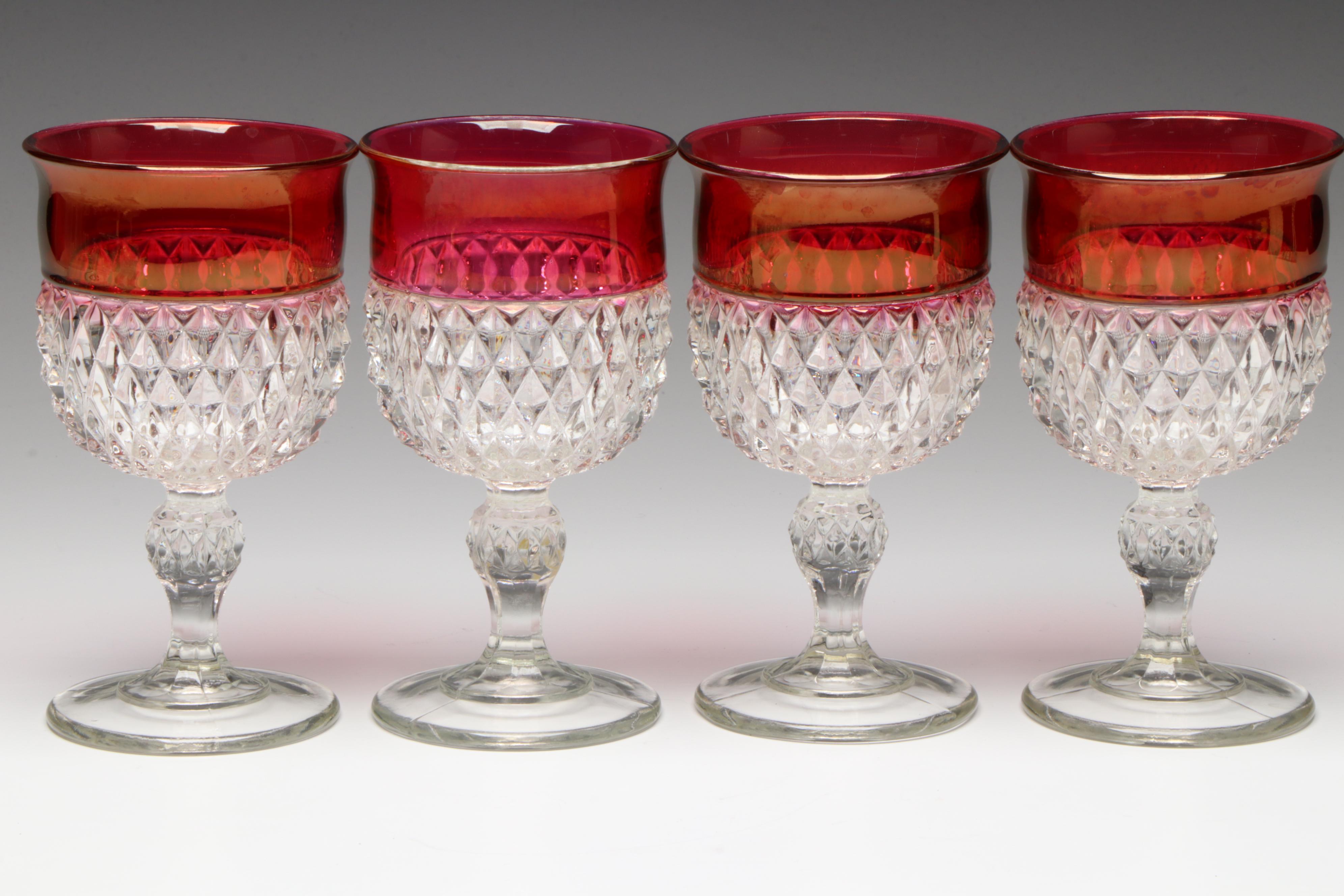 Indiana Glass "Diamond Point Ruby" Glass Water Goblets and Torte Plate