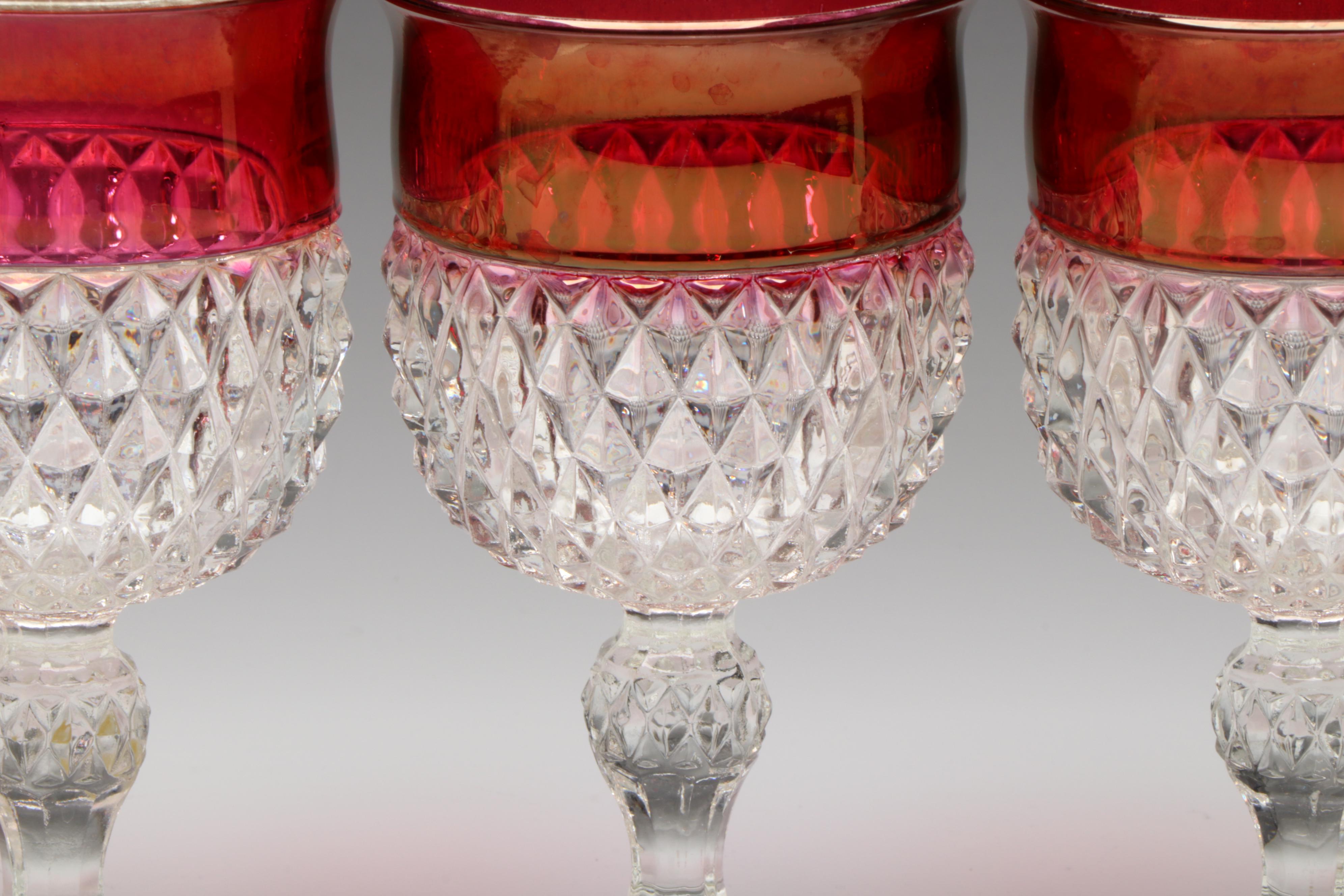 Indiana Glass "Diamond Point Ruby" Glass Water Goblets and Torte Plate