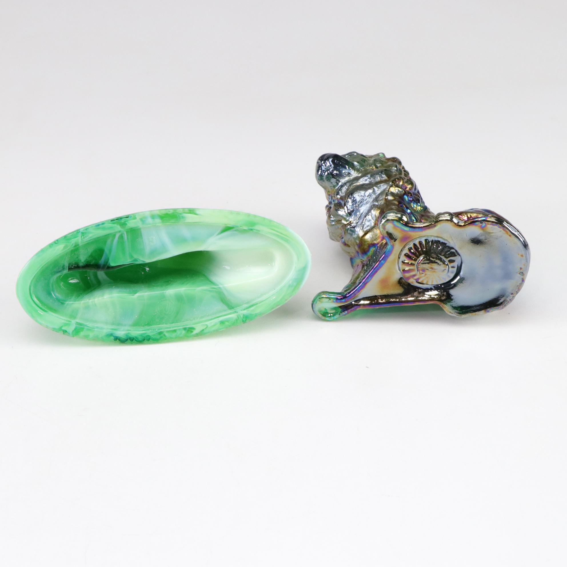 Fenton Purple Iridescent Seated Bear & Green Reclining Bear With Other Art Glass