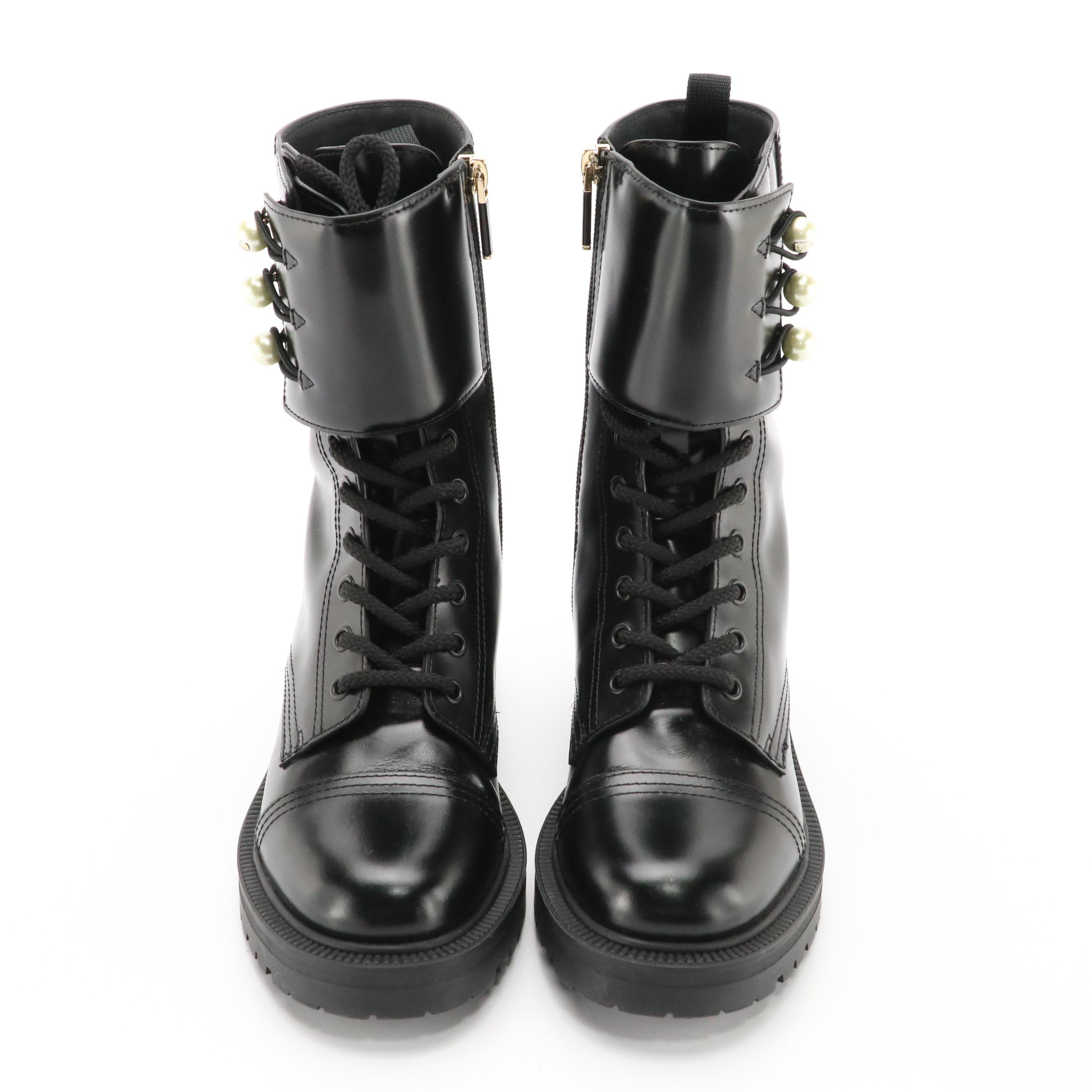 Christian Dior D-Strike Ankle Boots in Calfskin and White Resin Pearls, With Box