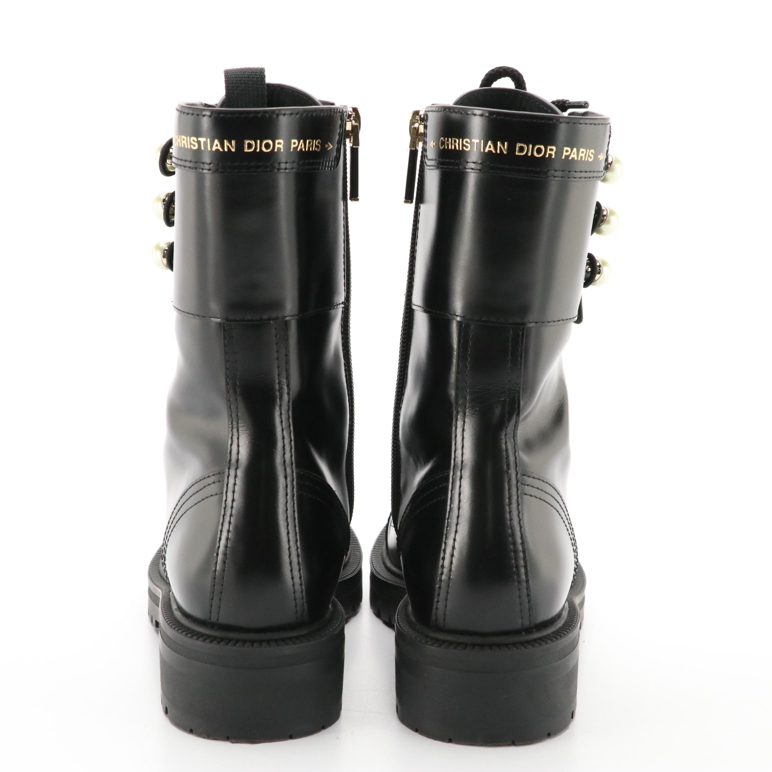 Christian Dior D-Strike Ankle Boots in Calfskin and White Resin Pearls, With Box