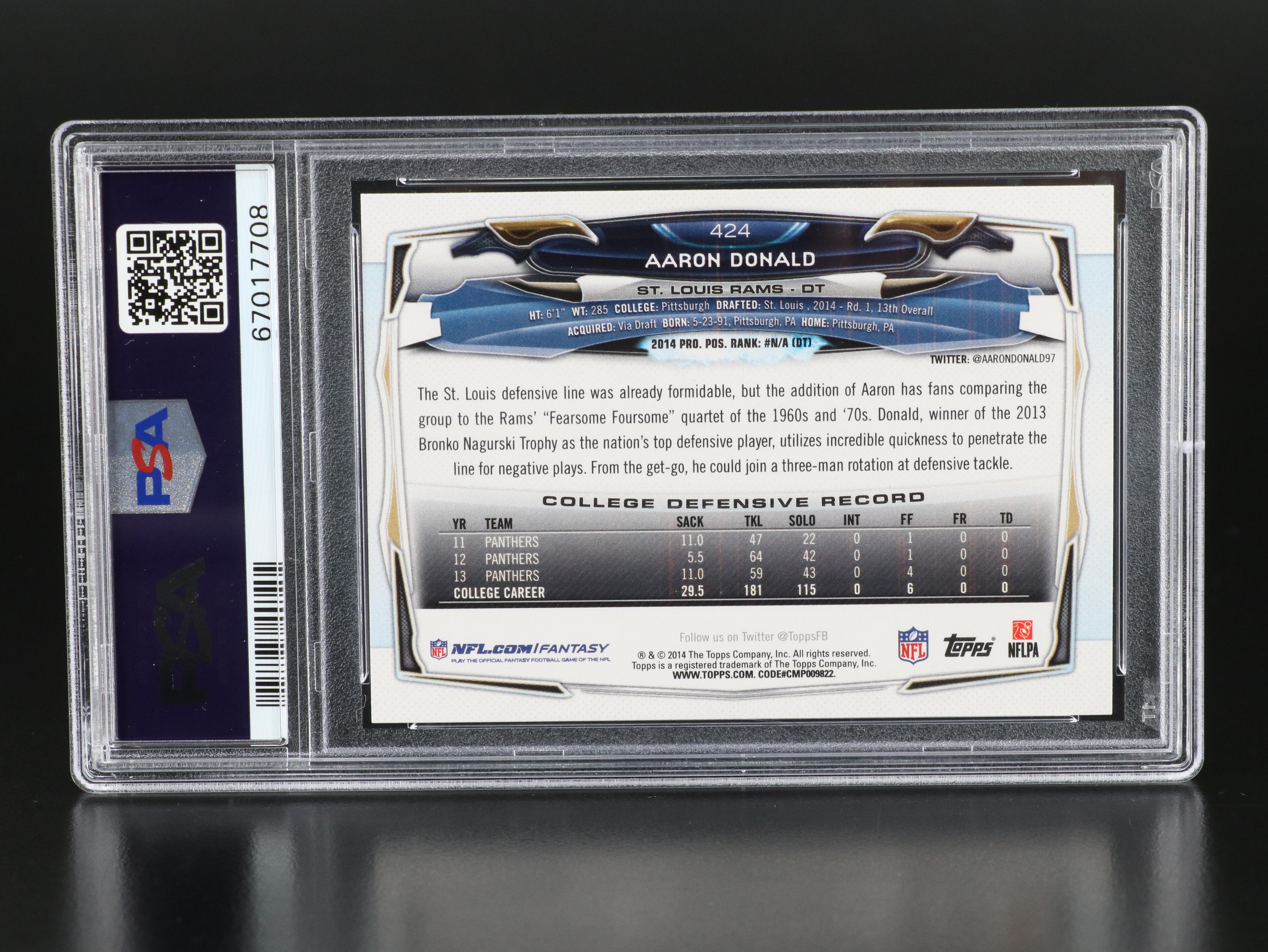 2014 Topps Aaron Donald St. Louis Ram Rookie Card Graded PSA 10
