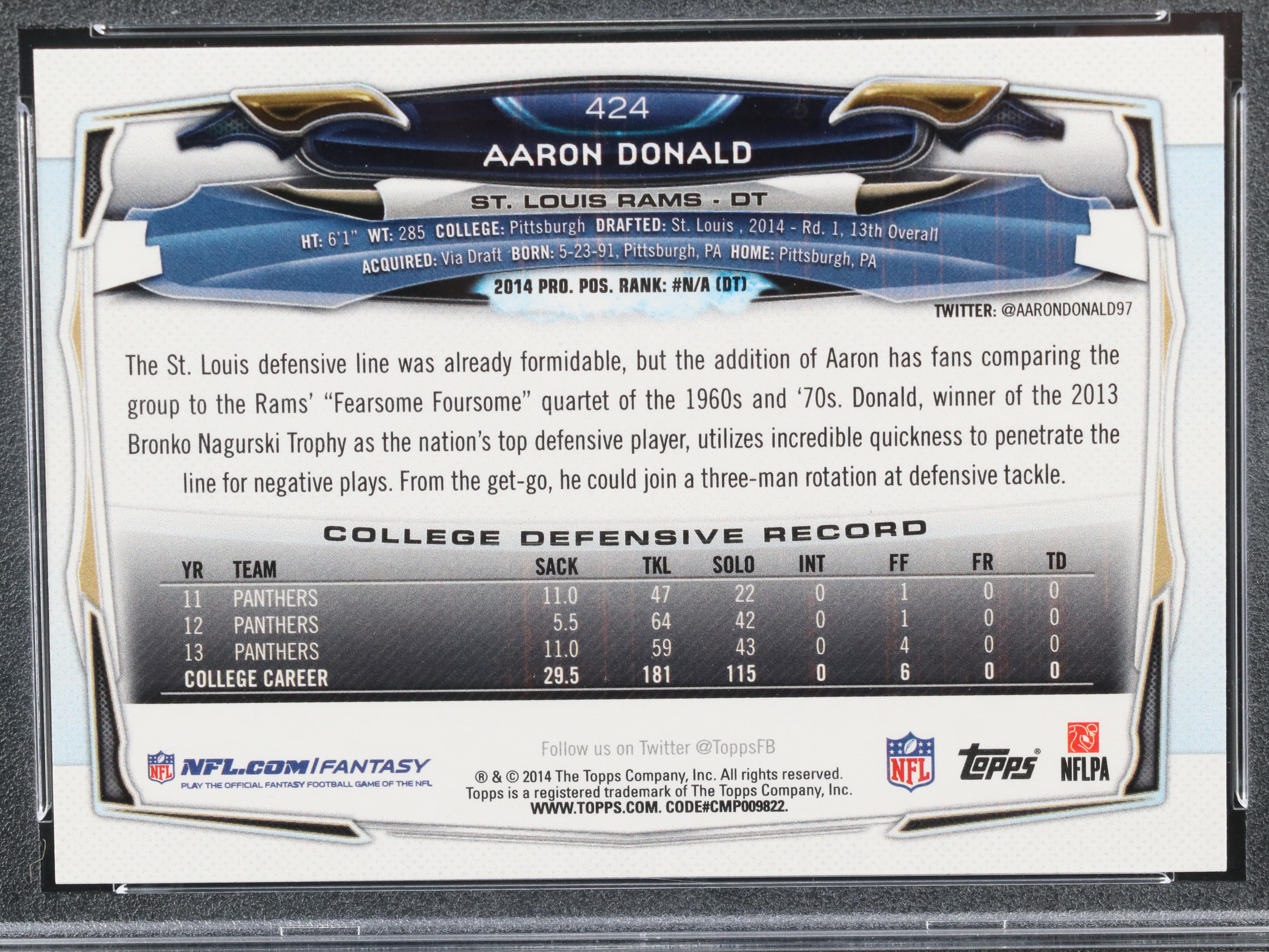 2014 Topps Aaron Donald St. Louis Ram Rookie Card Graded PSA 10