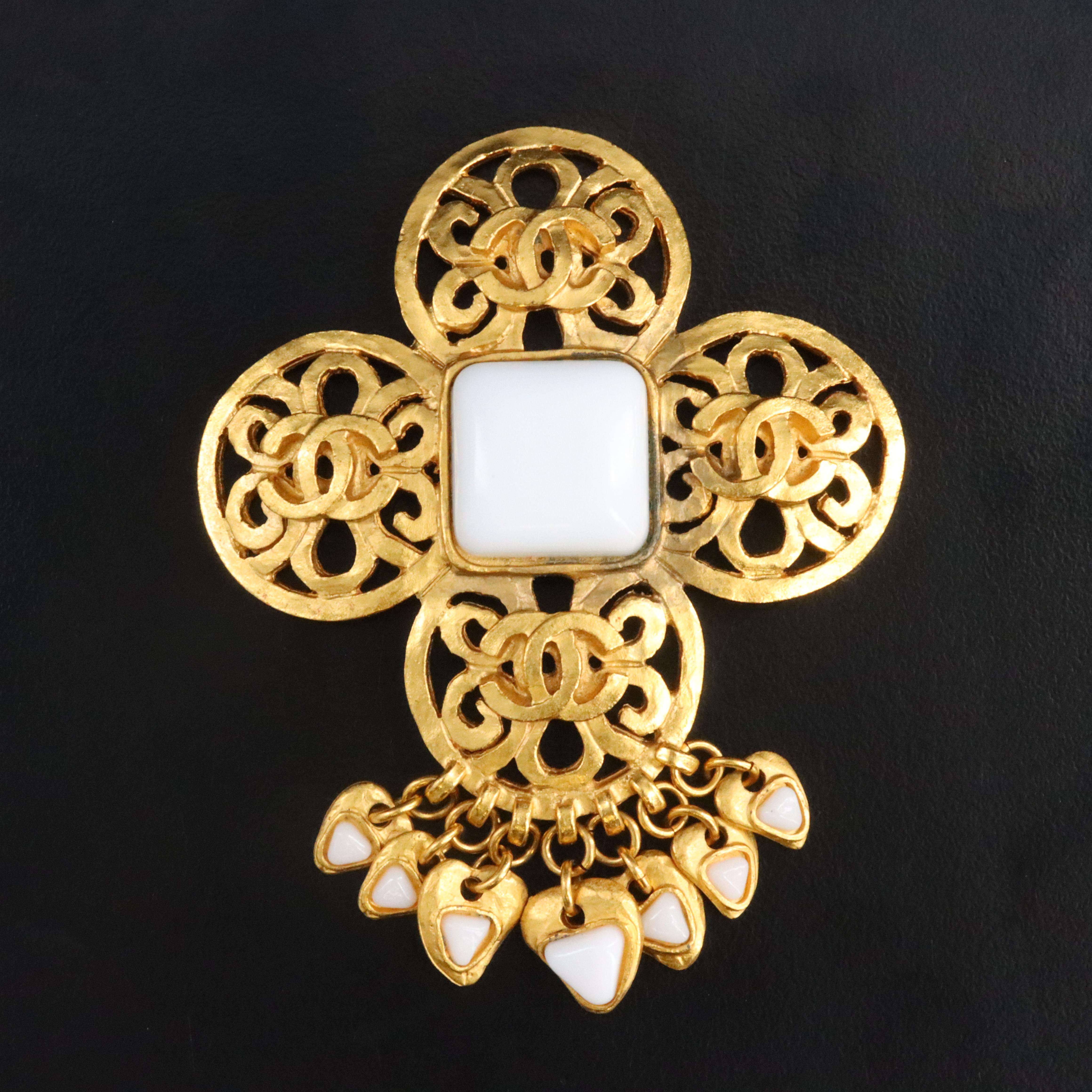 Chanel CC White Gripoix Dangle Brooch Spring 1995