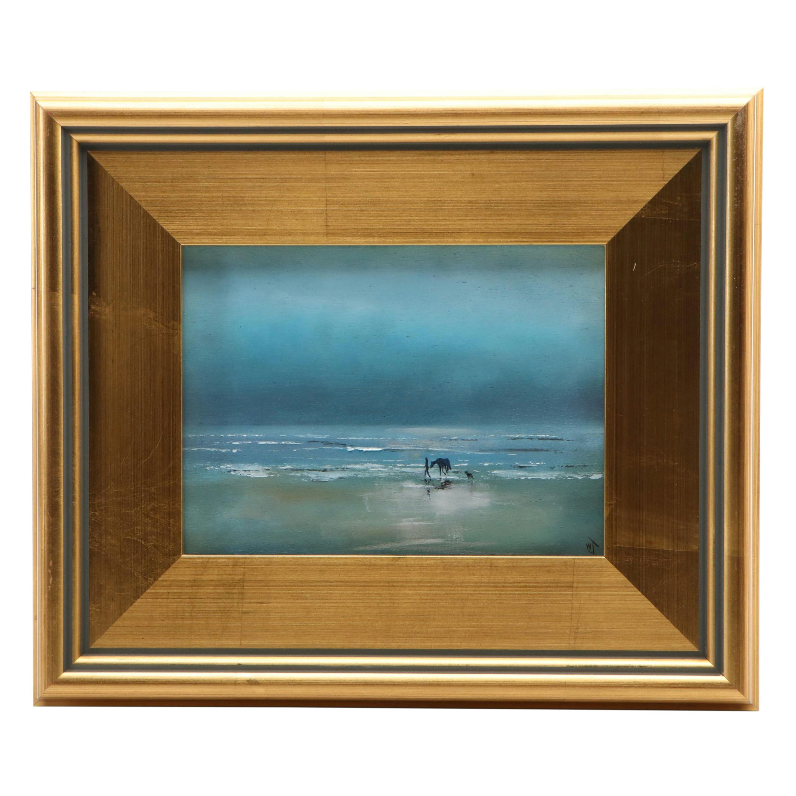 William Jamison Beach Oil Painting with Figure, Horse and Dog