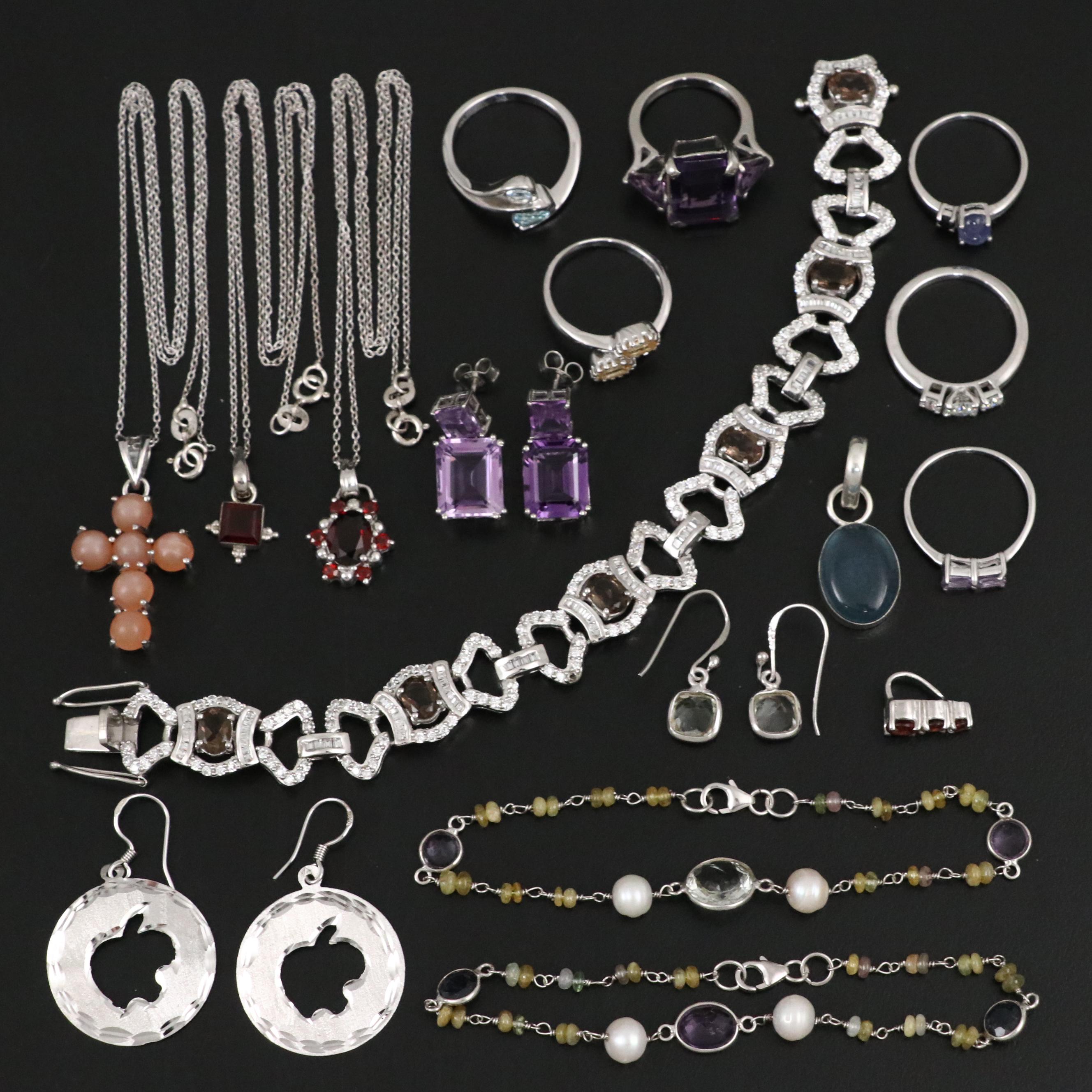 17 Assorted Sterling Silver Bracelets, Earrings, Necklaces, Pendants, and Rings