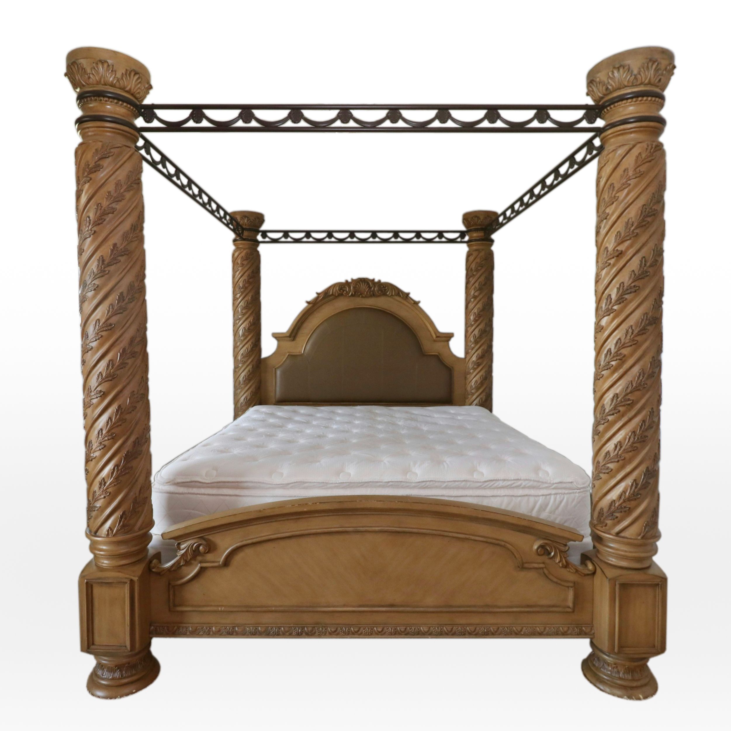 Mediterranean Style Wood and Iron Four Poster King Canopy Bed