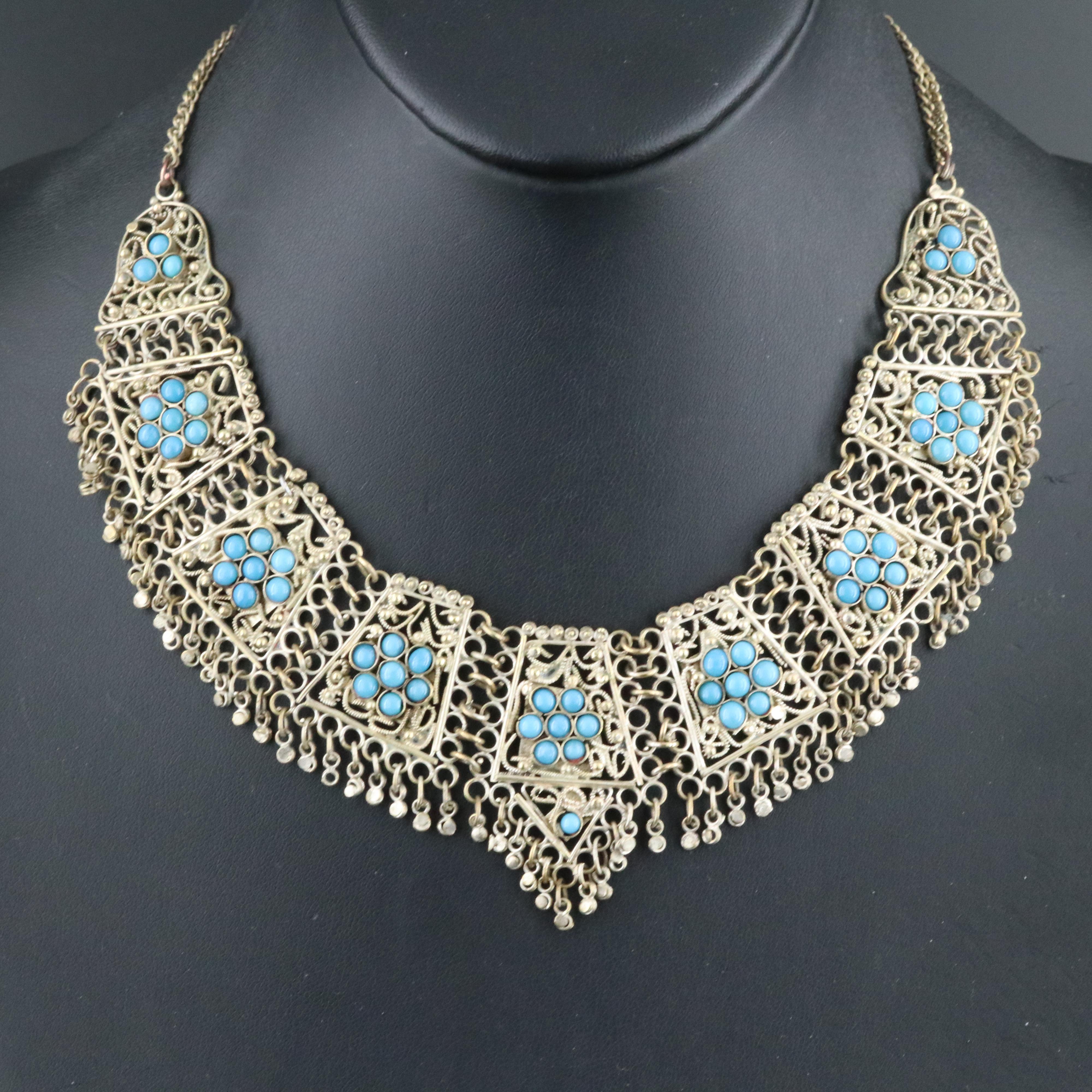 Filigree Collar Necklace with Faux Turquoise Flower Accents