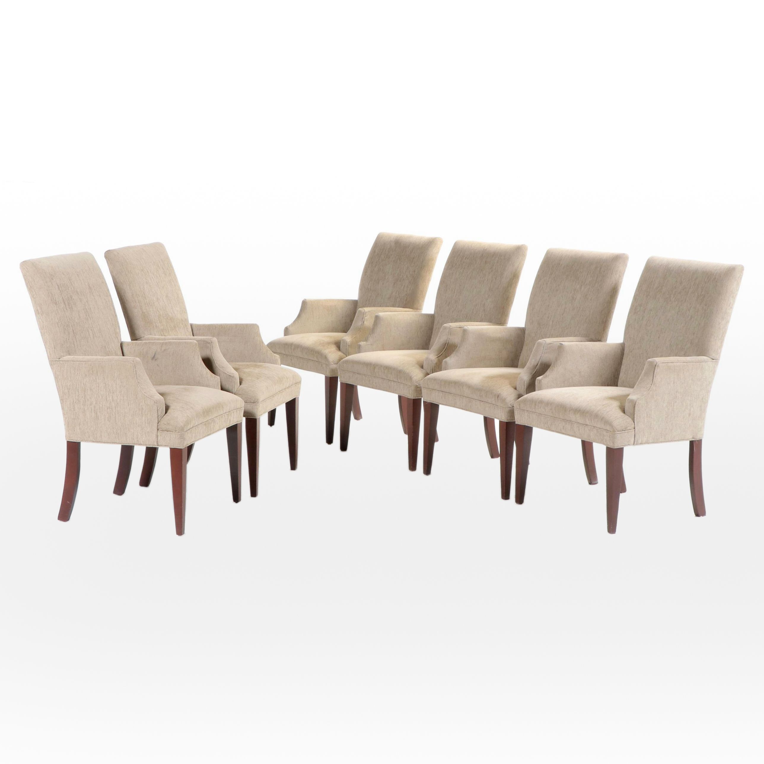 Six Restoration Hardware Upholstered Hardwood Dining Armchairs