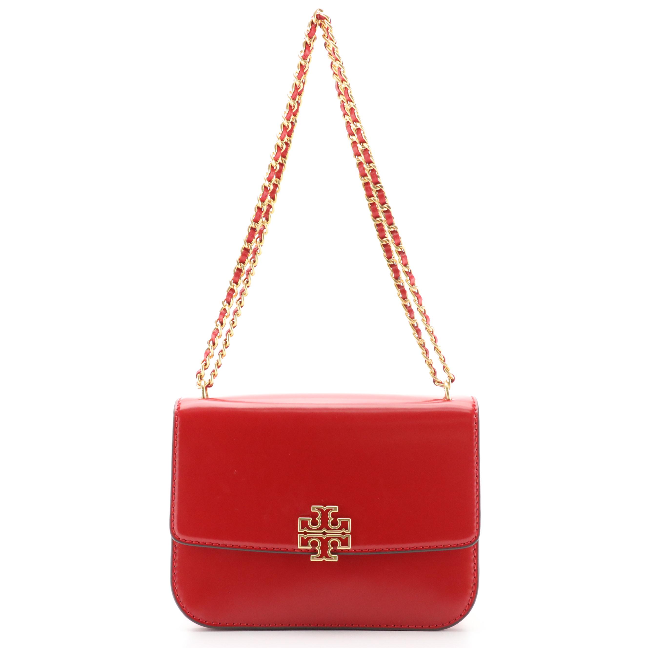 Tory Burch Britten Front Flap Shoulder Bag in Smooth Red Leather, With Tag