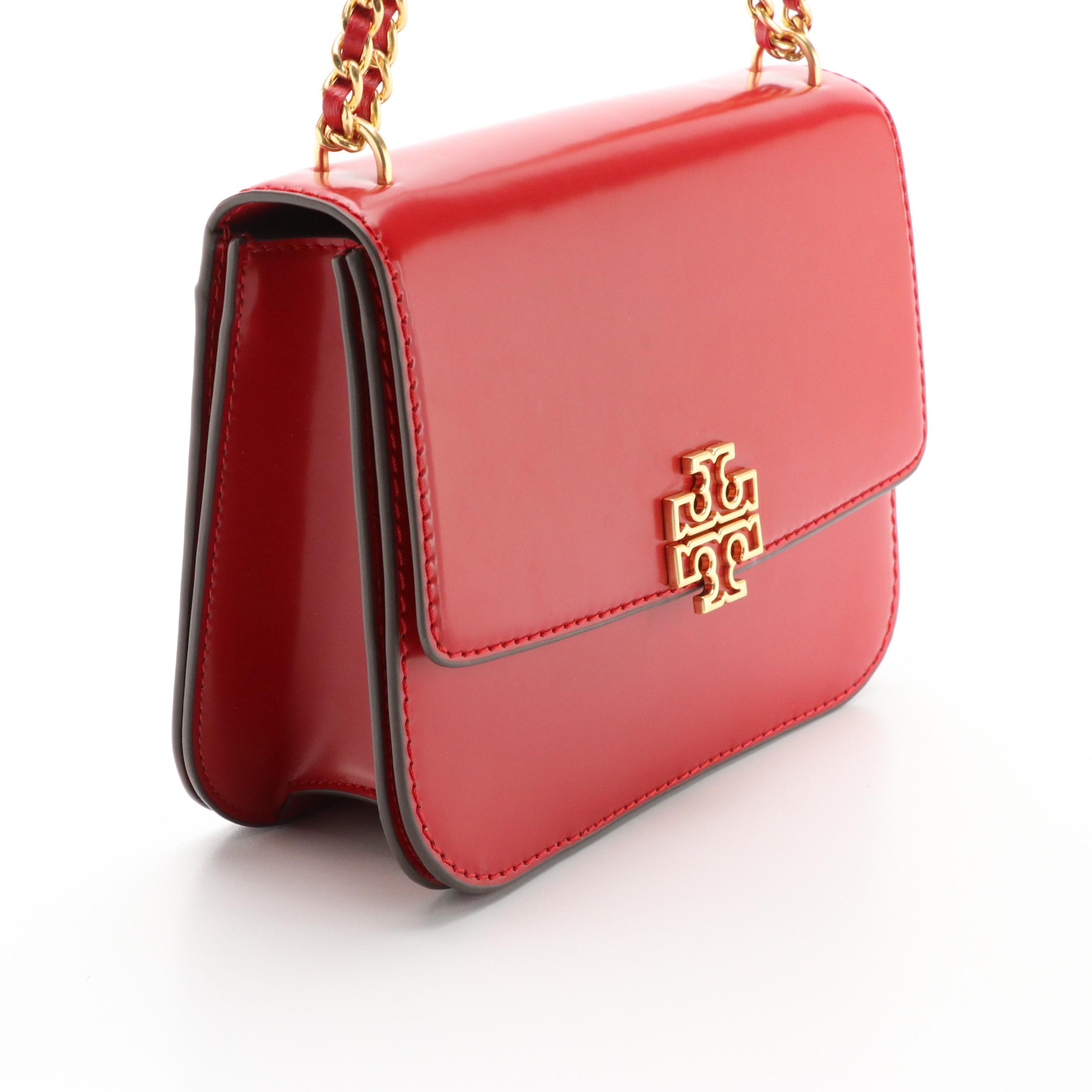 Tory Burch Britten Front Flap Shoulder Bag in Smooth Red Leather, With Tag