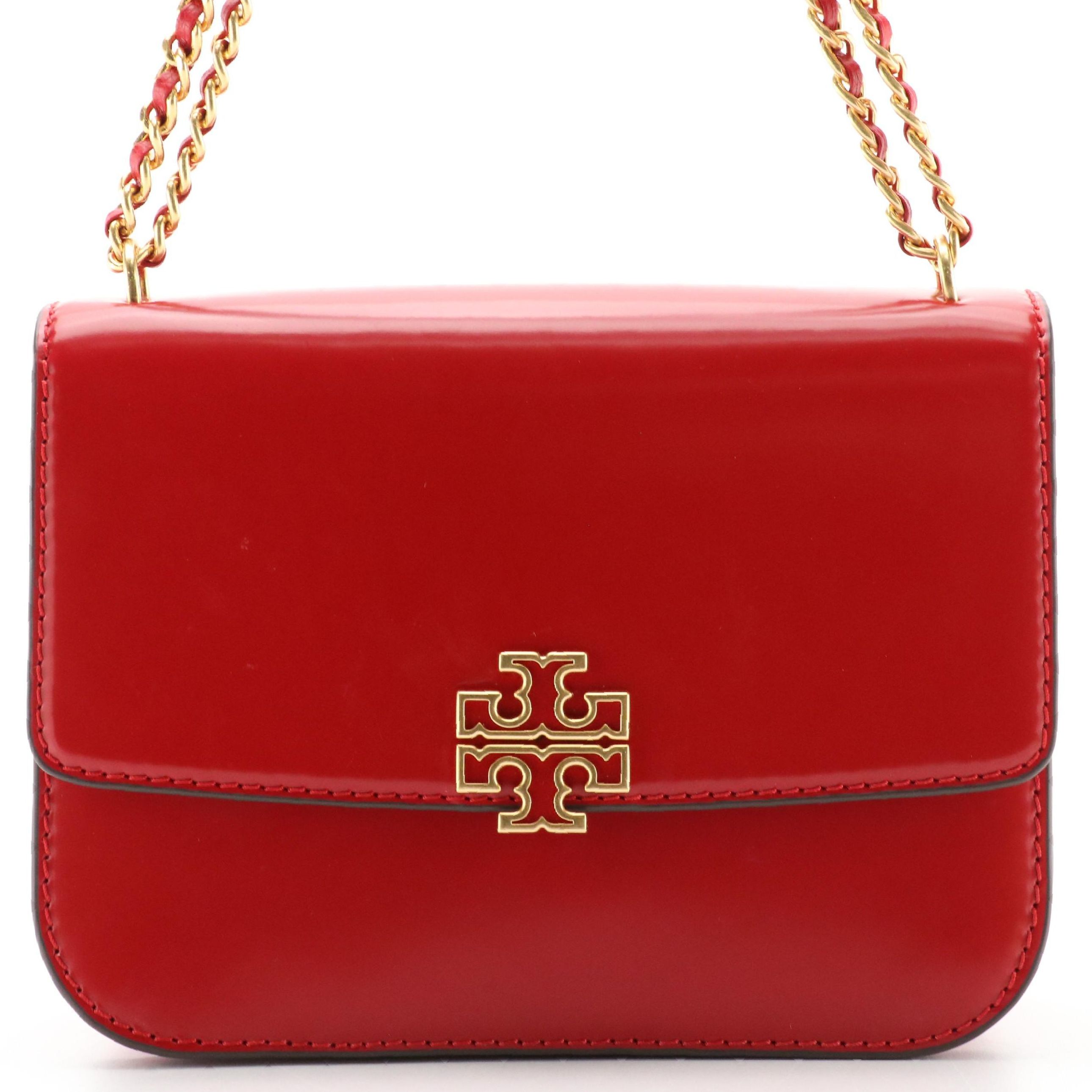 Tory Burch Britten Front Flap Shoulder Bag in Smooth Red Leather, With Tag