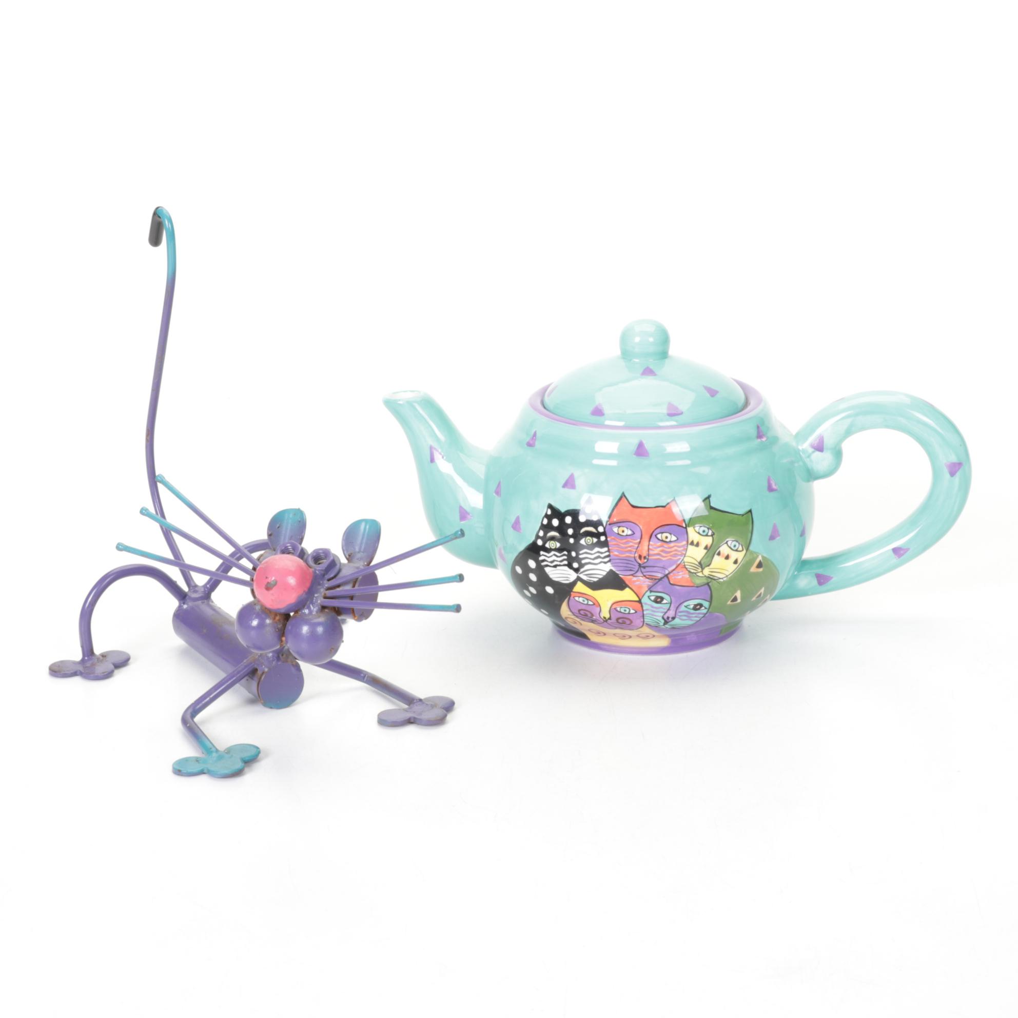 Laurel Burch Cat Ceramic Teapot with Welded Metal Cat Figurine
