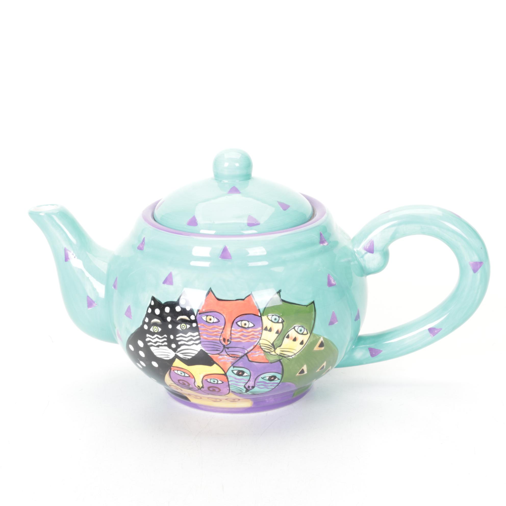 Laurel Burch Cat Ceramic Teapot with Welded Metal Cat Figurine