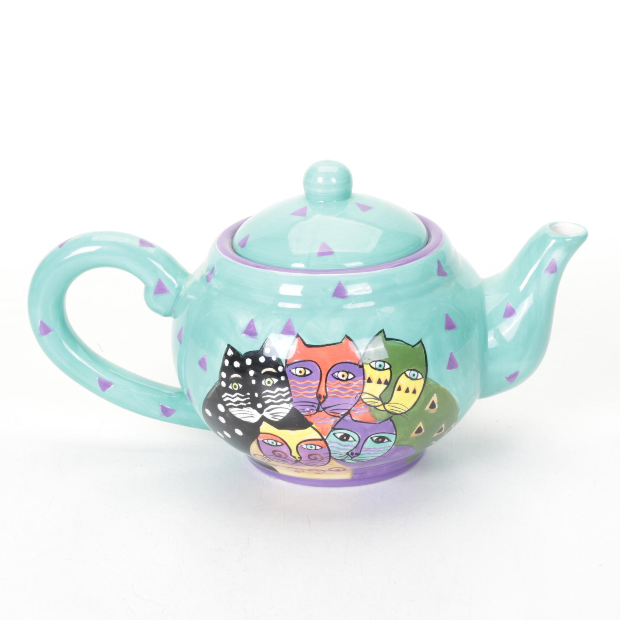 Laurel Burch Cat Ceramic Teapot with Welded Metal Cat Figurine