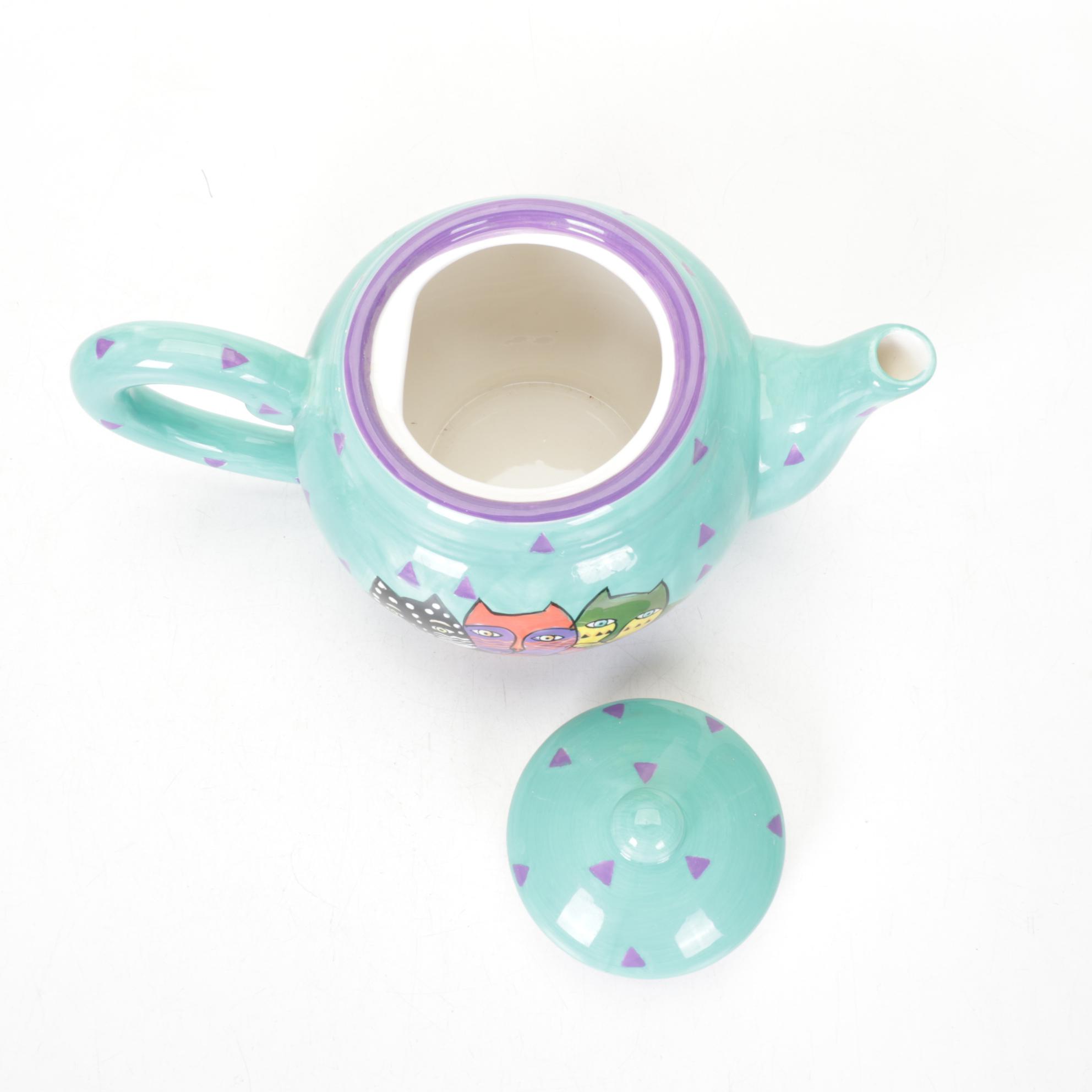 Laurel Burch Cat Ceramic Teapot with Welded Metal Cat Figurine