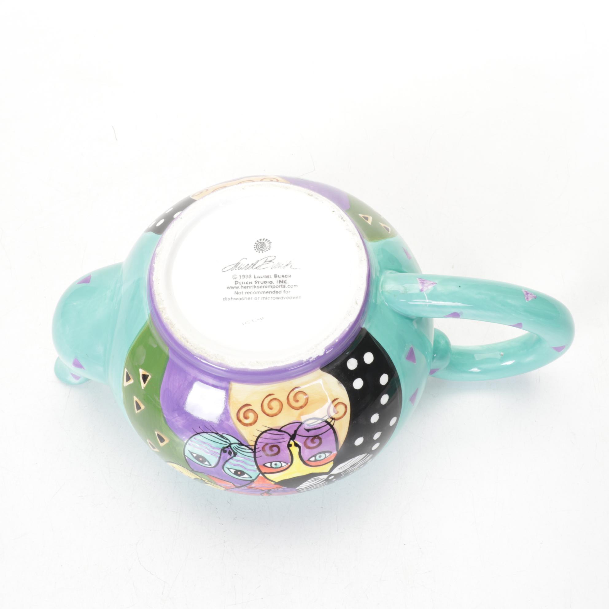 Laurel Burch Cat Ceramic Teapot with Welded Metal Cat Figurine