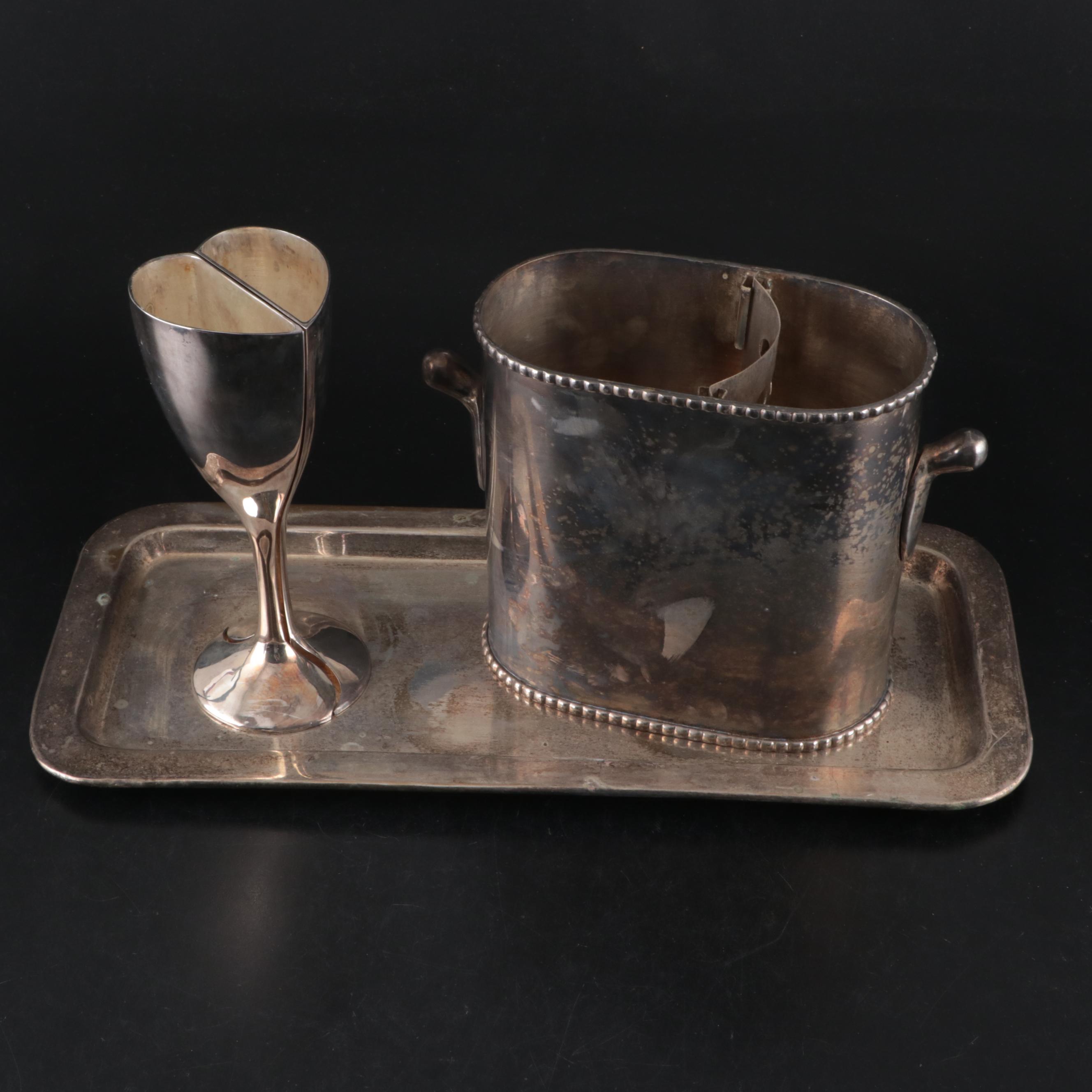 Pottery Barn Double Wine Cooler and Tray with Other Split Heart-Shaped Goblets