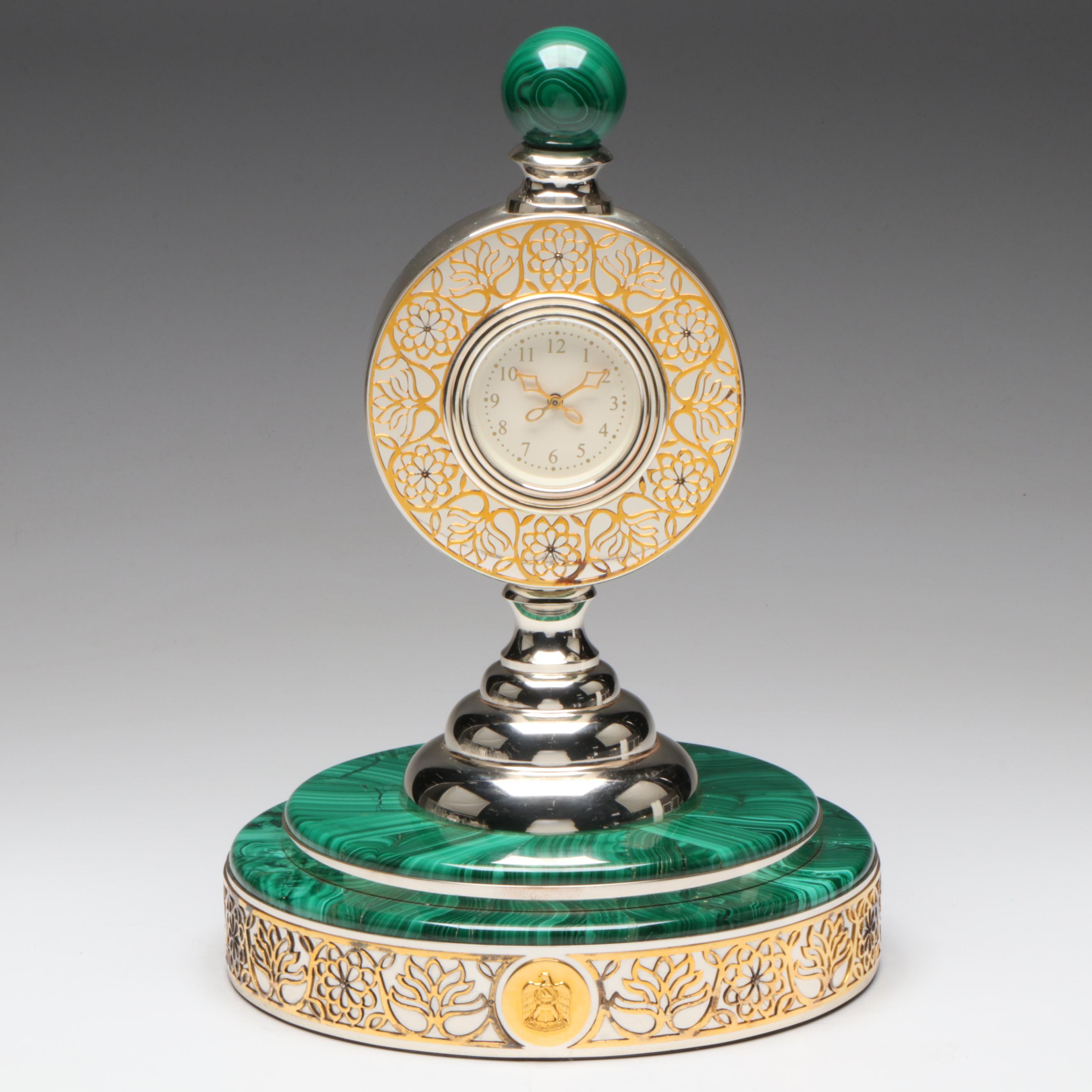Grant MacDonald Silversmiths Sterling Silver, Malachite and Metal Clock, 2003