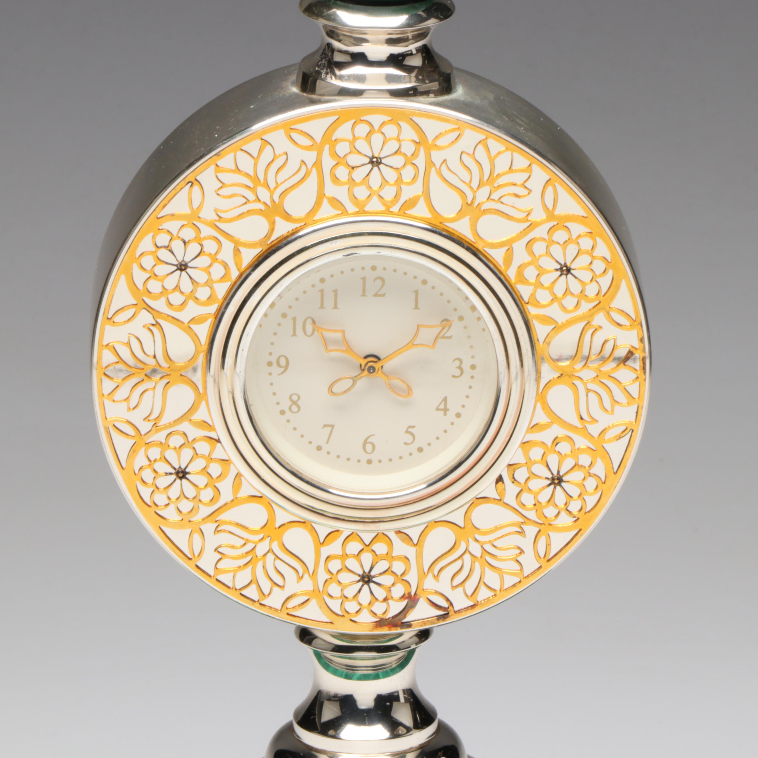 Grant MacDonald Silversmiths Sterling Silver, Malachite and Metal Clock, 2003