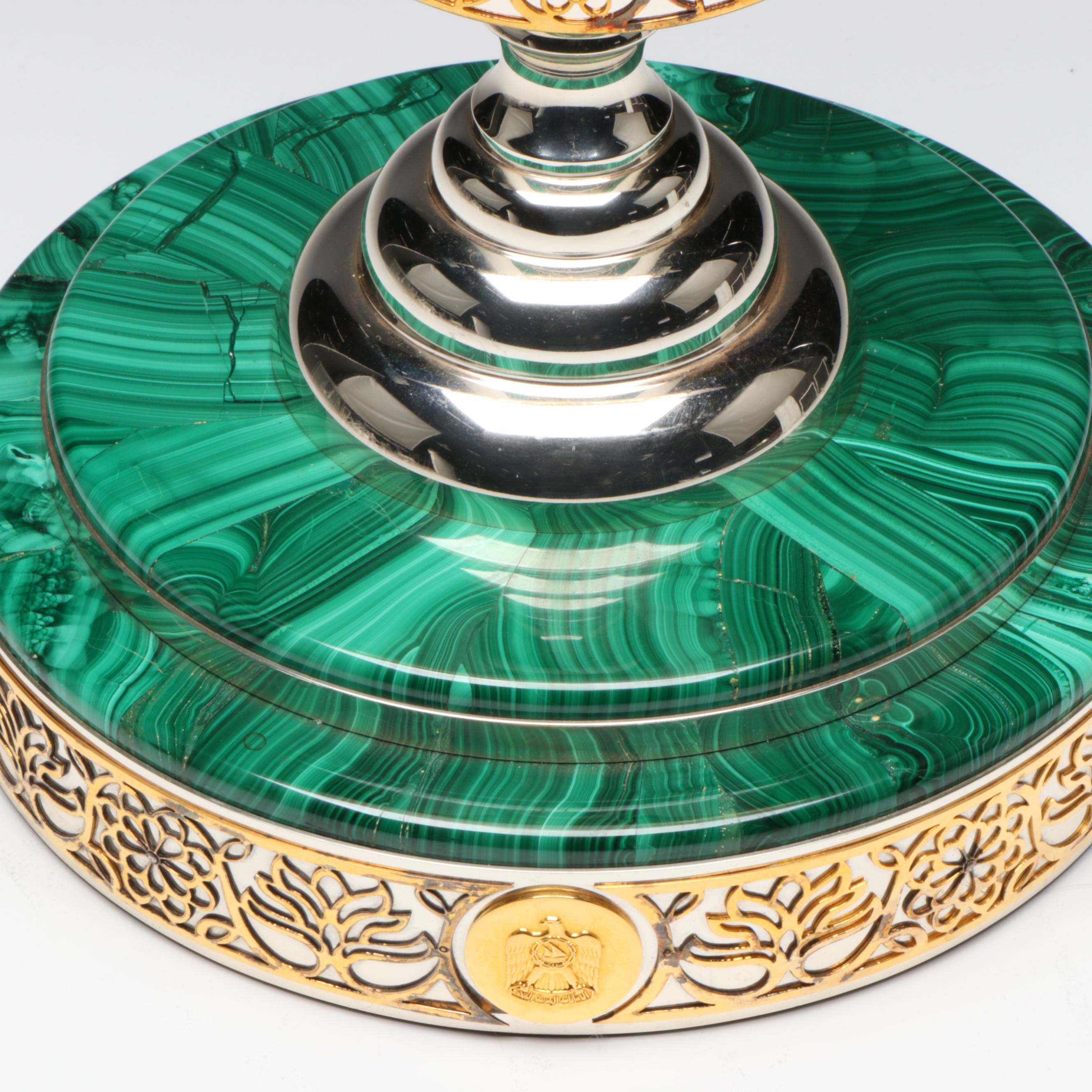 Grant MacDonald Silversmiths Sterling Silver, Malachite and Metal Clock, 2003
