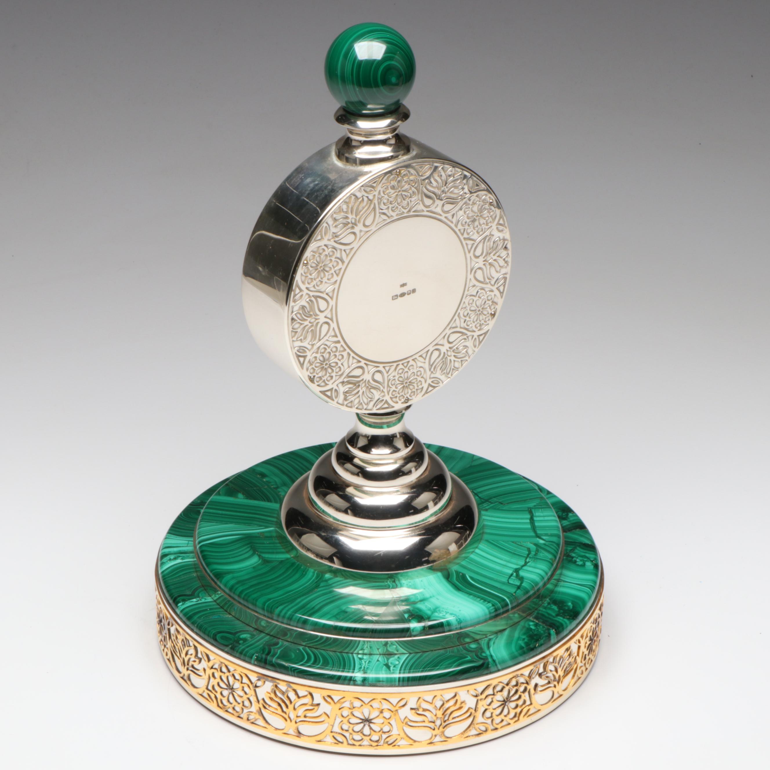Grant MacDonald Silversmiths Sterling Silver, Malachite and Metal Clock, 2003
