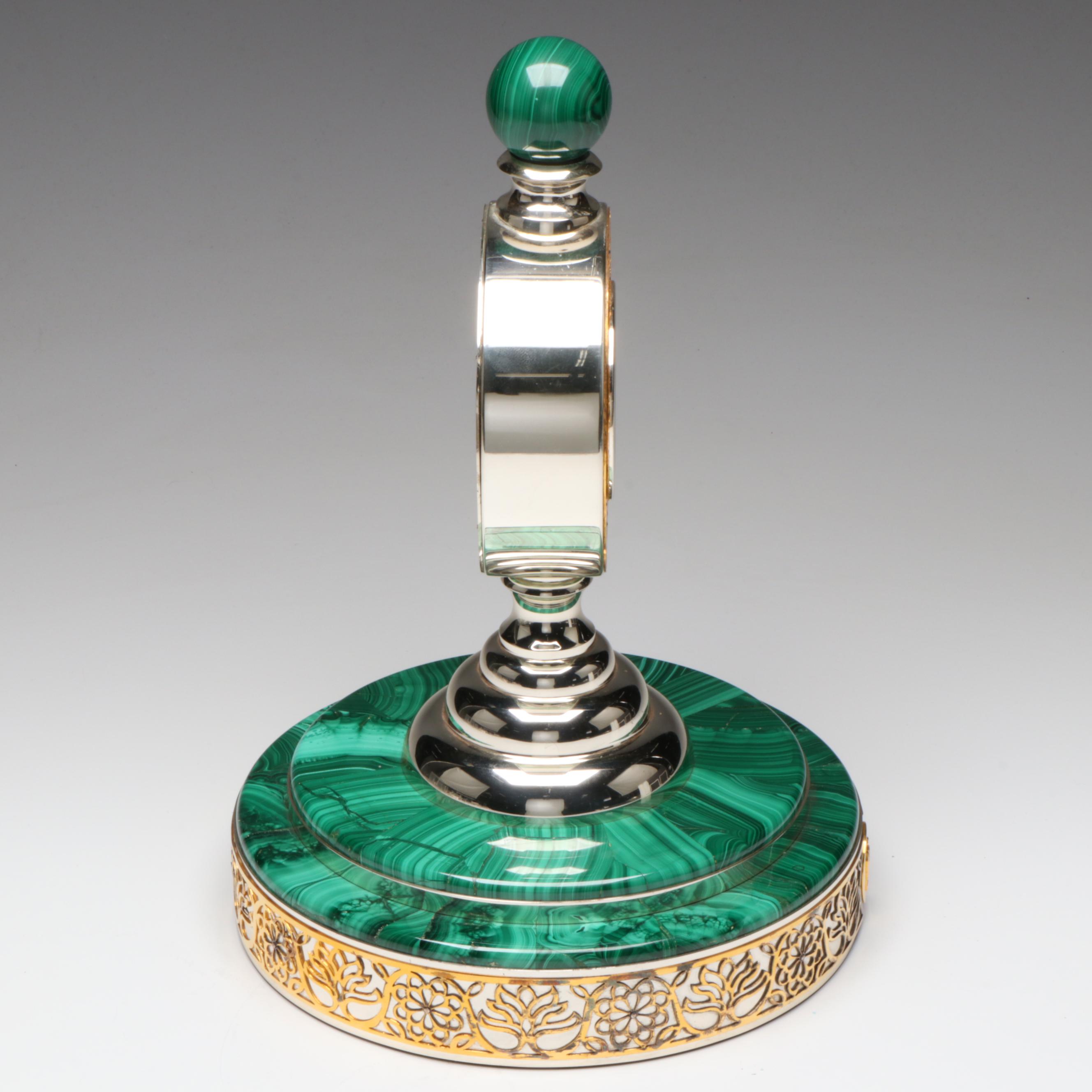 Grant MacDonald Silversmiths Sterling Silver, Malachite and Metal Clock, 2003