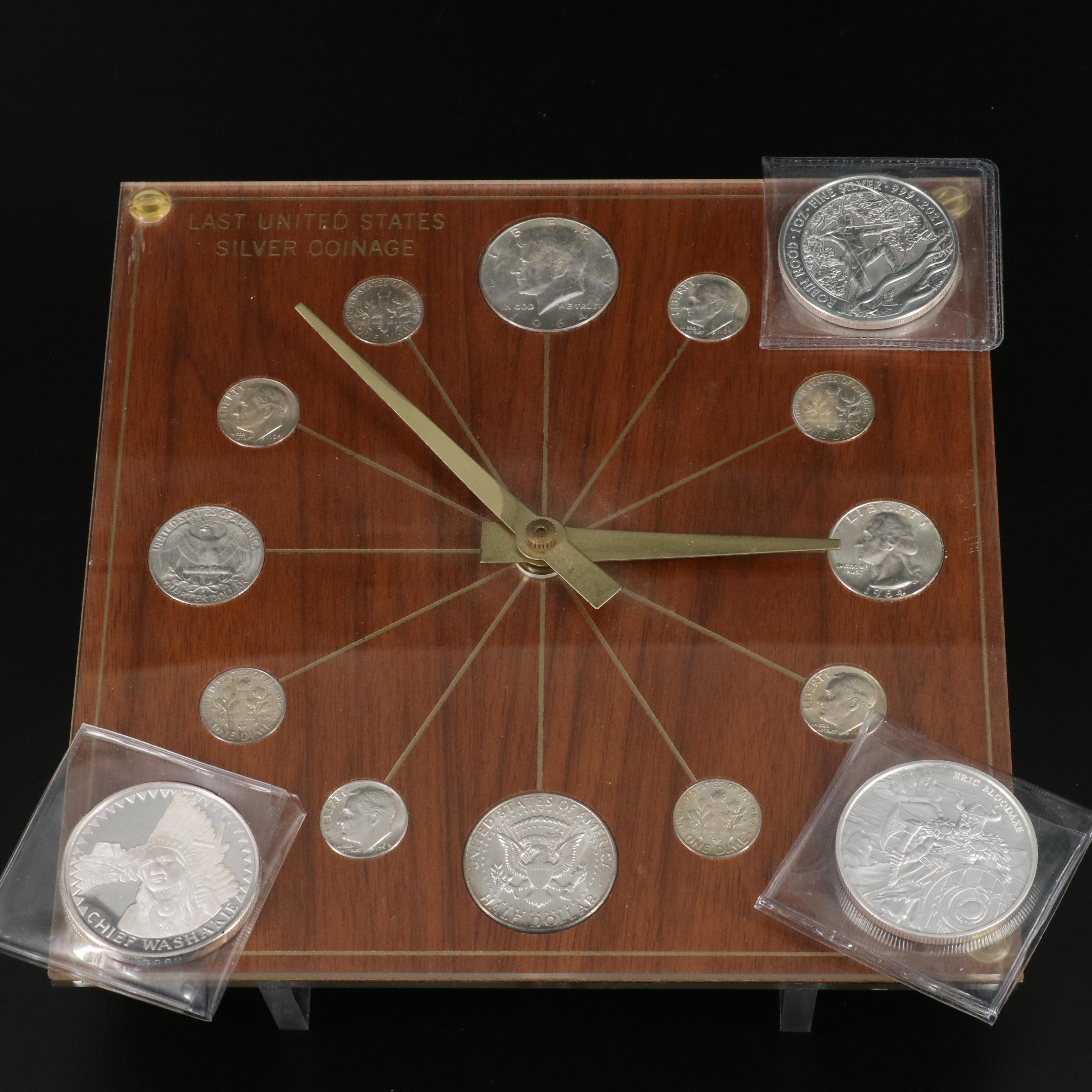 Vintage Silver Coin Clock and Three 1-Oz. Fine Silver Rounds