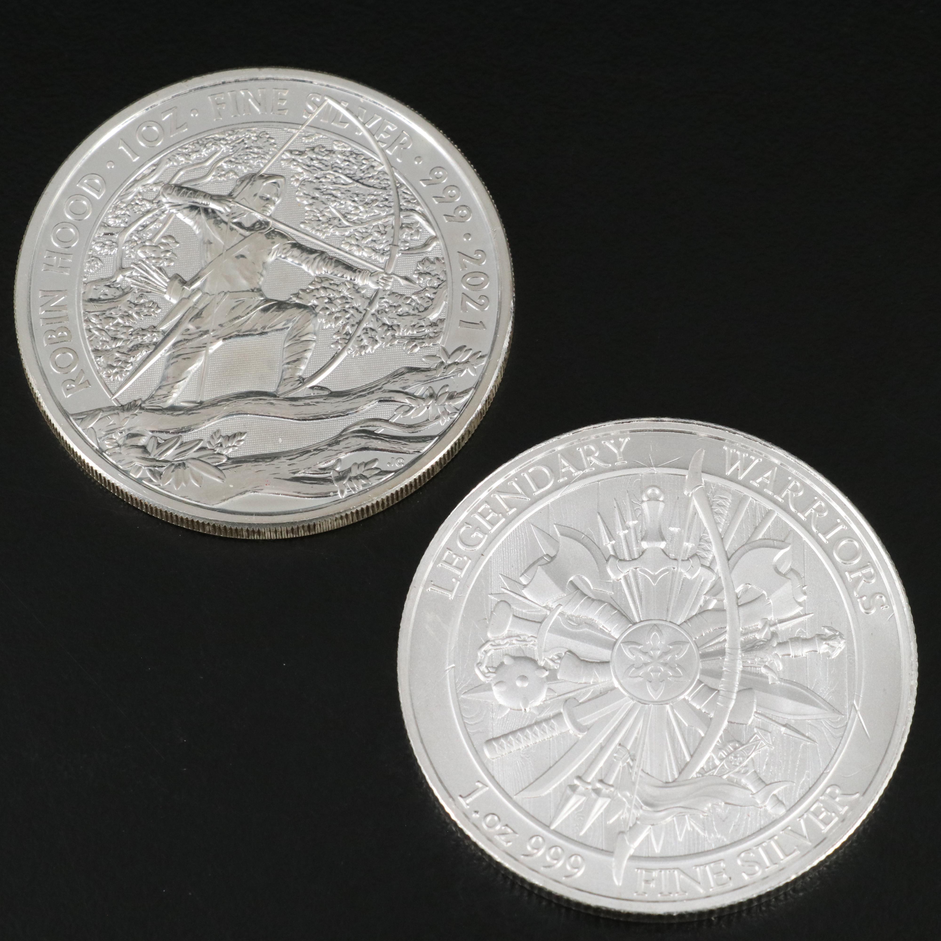 Vintage Silver Coin Clock and Three 1-Oz. Fine Silver Rounds