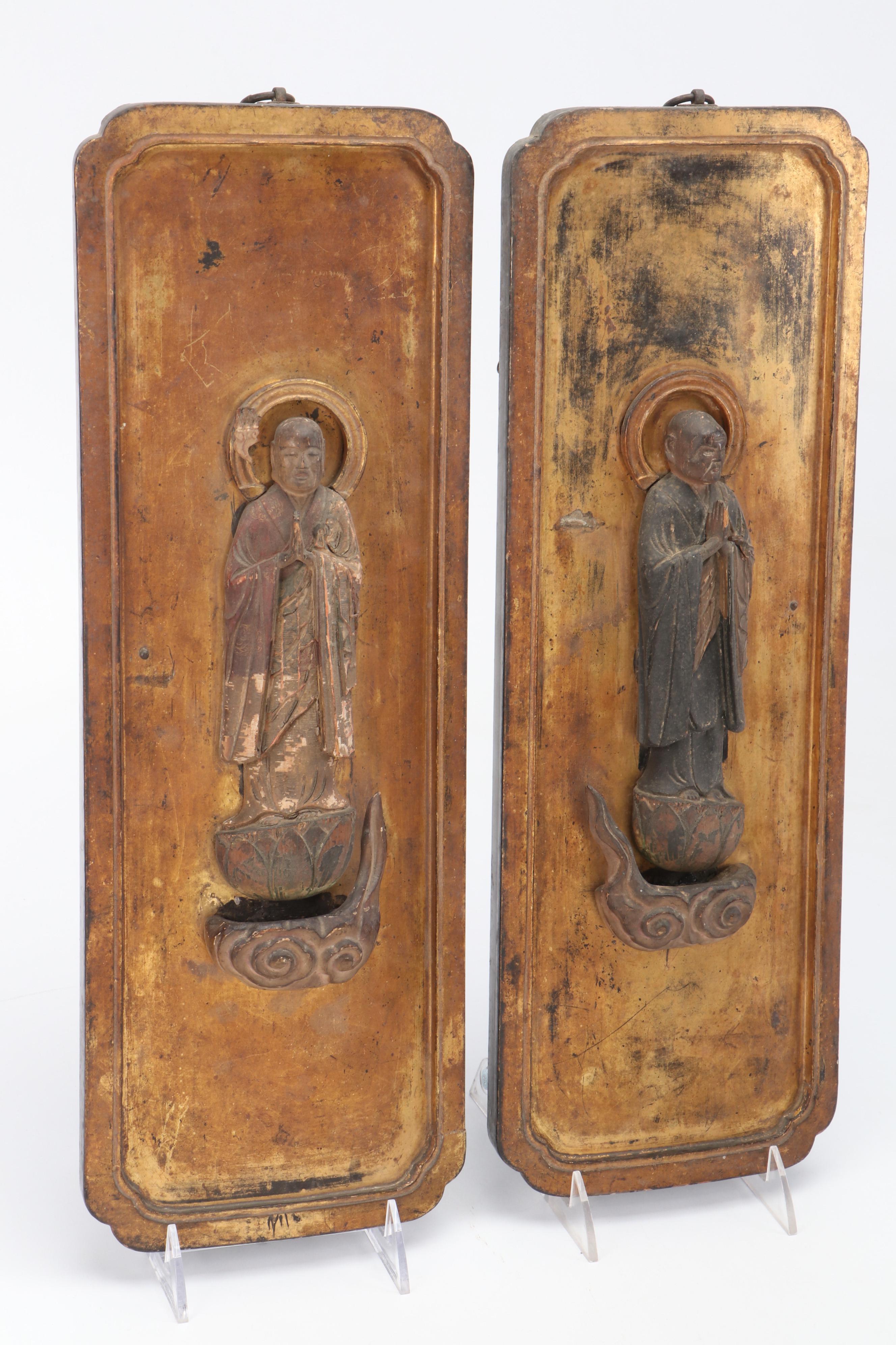 Japanese Style Gilt Lacquered Wood Wall Hanging Pair of Bodhisattva