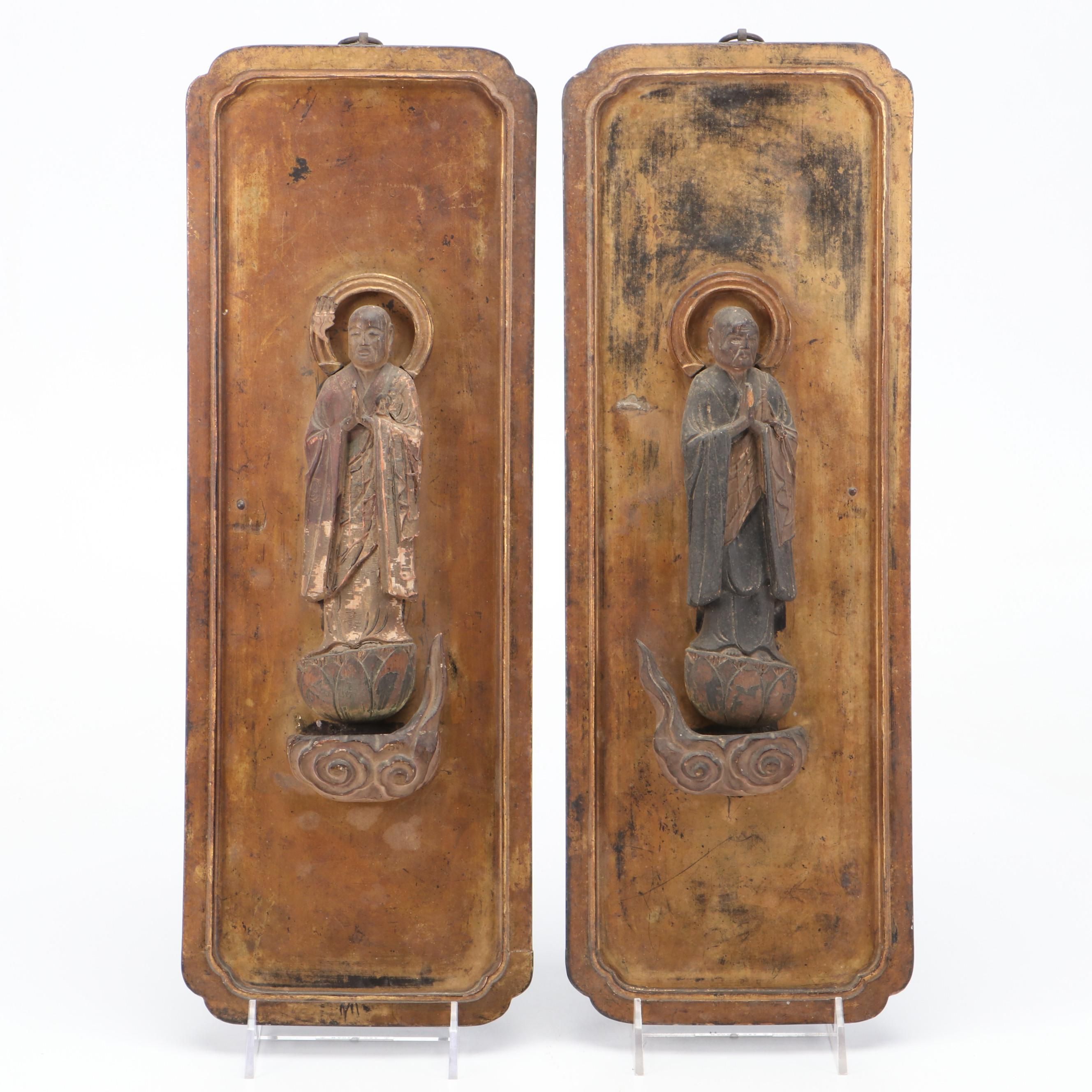Japanese Style Gilt Lacquered Wood Wall Hanging Pair of Bodhisattva
