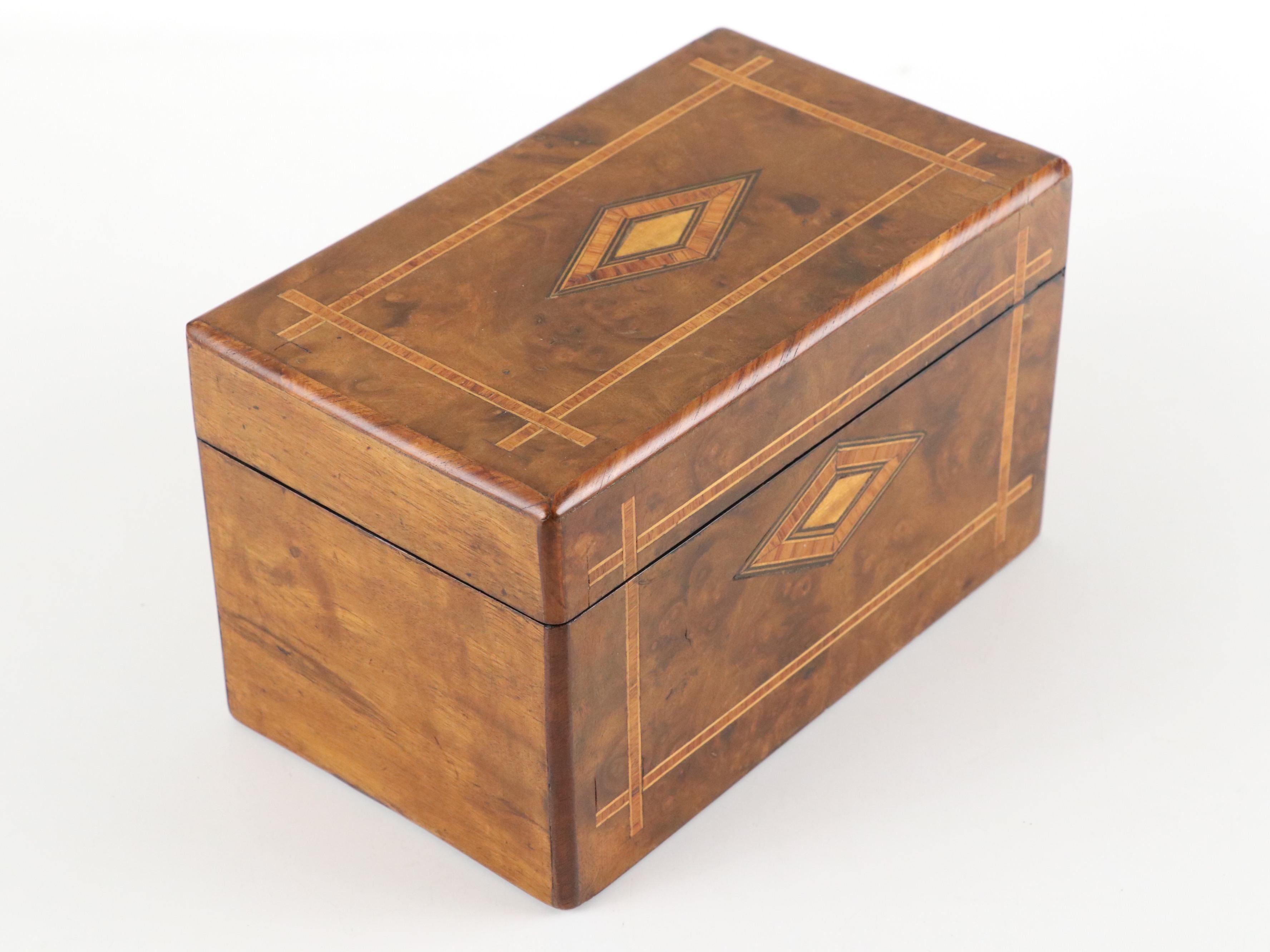 Victorian Burl and Mixed Wood Tea Caddy and Georgian Inlaid Wood Casket Box