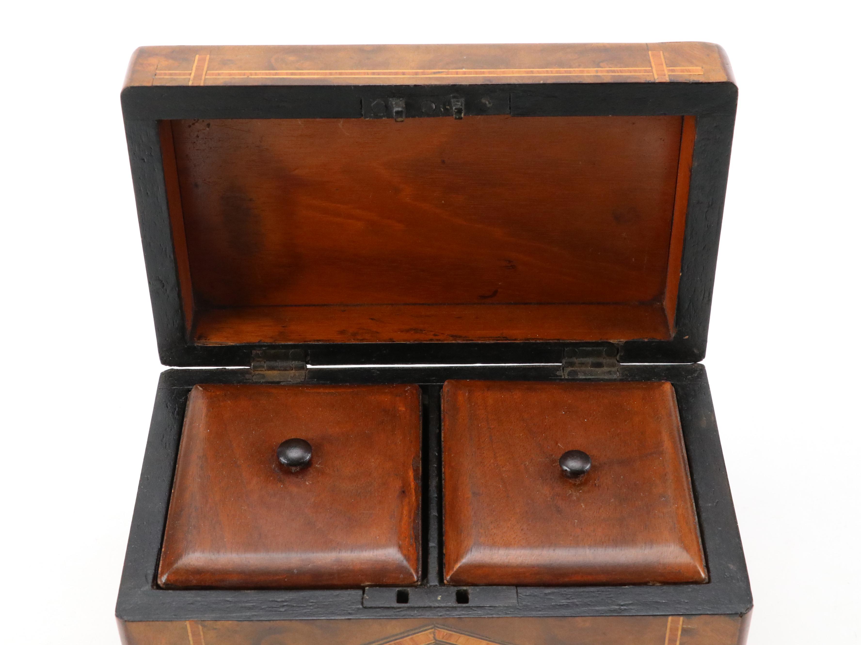 Victorian Burl and Mixed Wood Tea Caddy and Georgian Inlaid Wood Casket Box