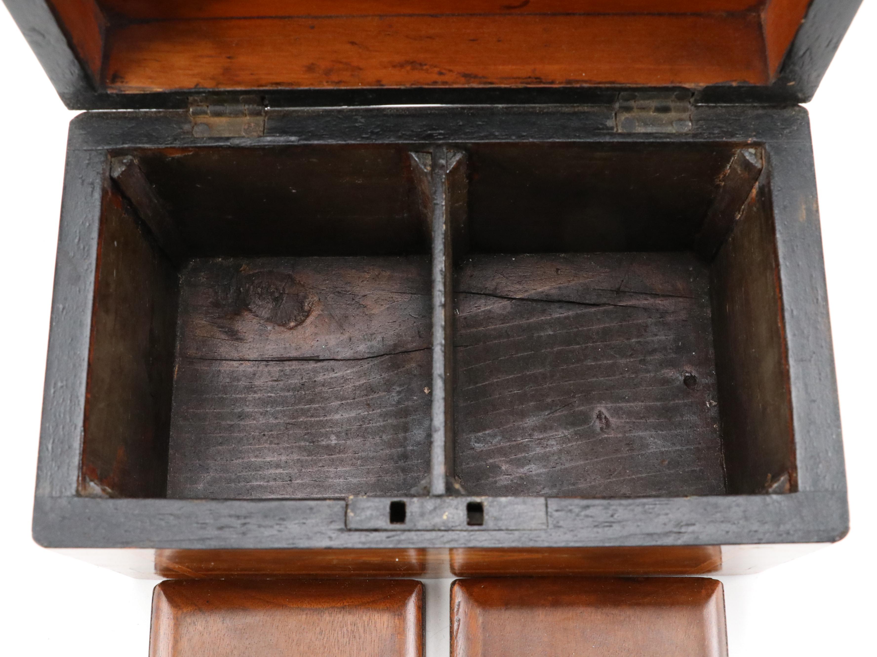 Victorian Burl and Mixed Wood Tea Caddy and Georgian Inlaid Wood Casket Box