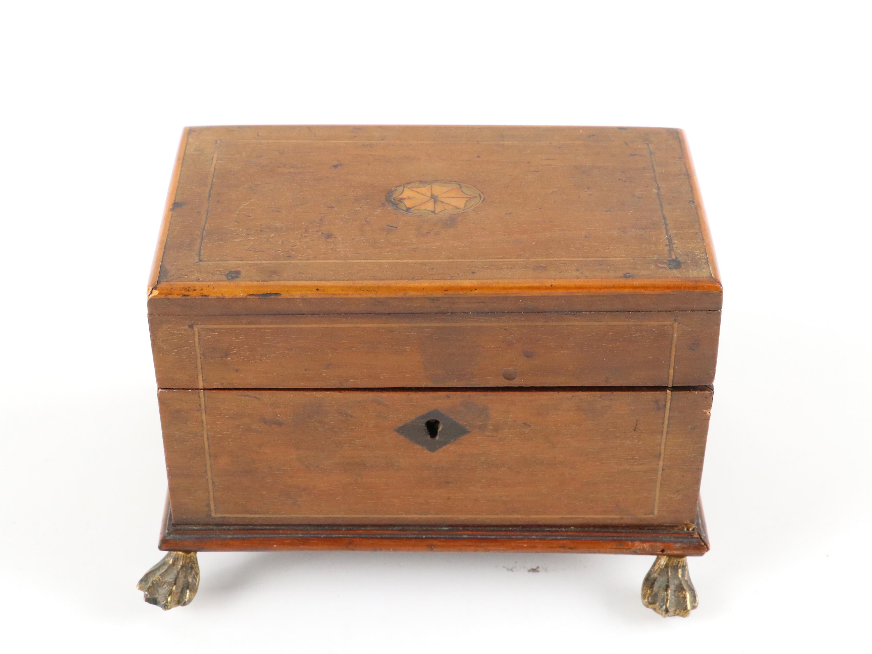 Victorian Burl and Mixed Wood Tea Caddy and Georgian Inlaid Wood Casket Box
