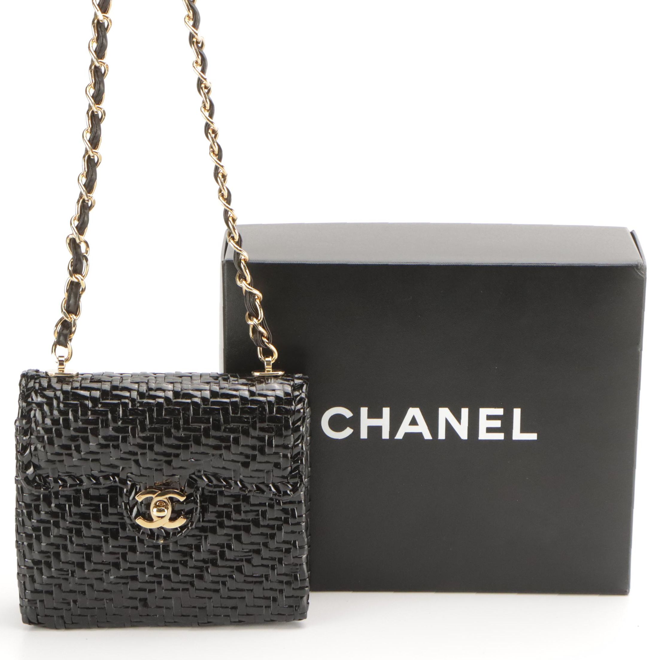 Chanel Black Glazed Wicker CC Flap Shoulder Bag, With Box