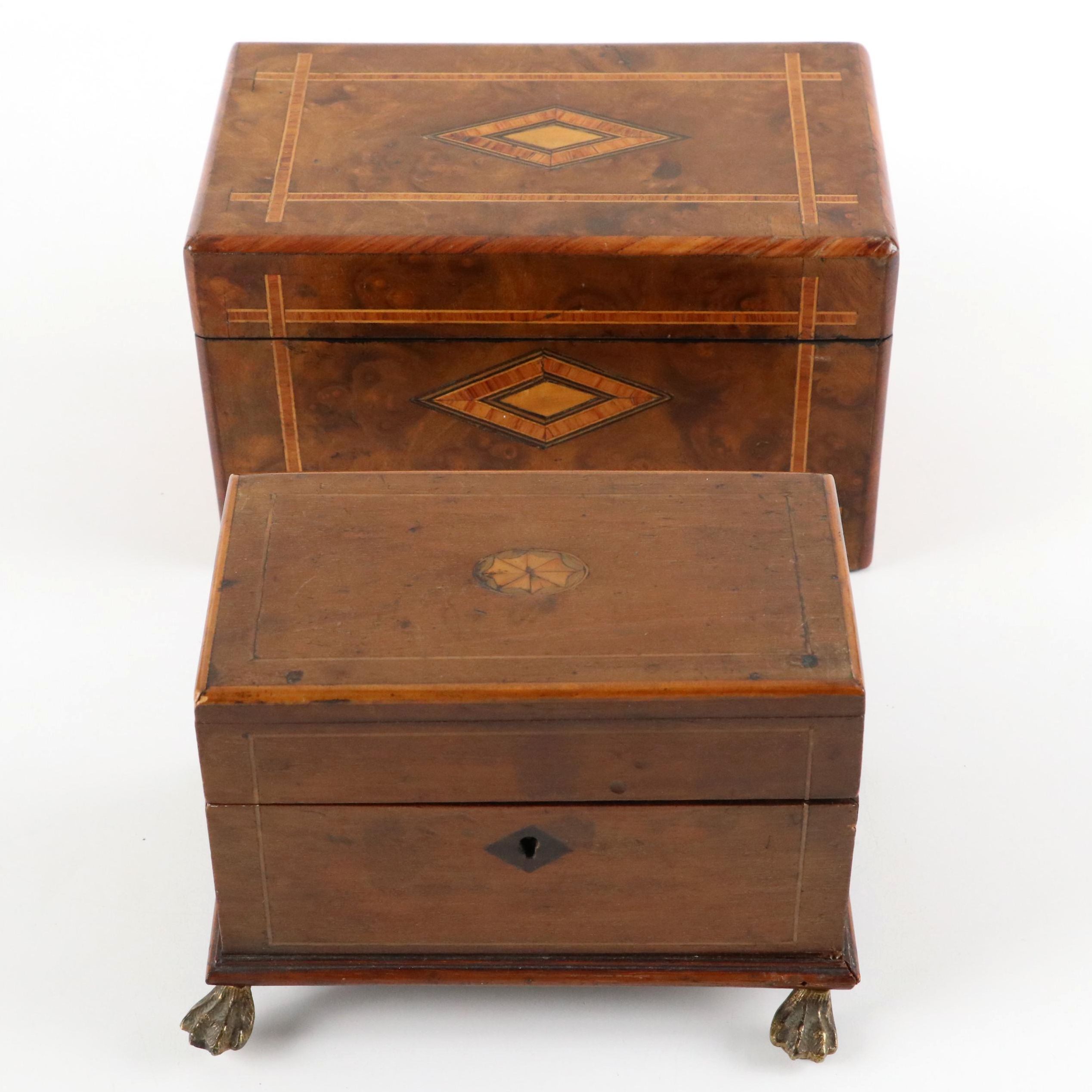 Victorian Burl and Mixed Wood Tea Caddy and Georgian Inlaid Wood Casket Box