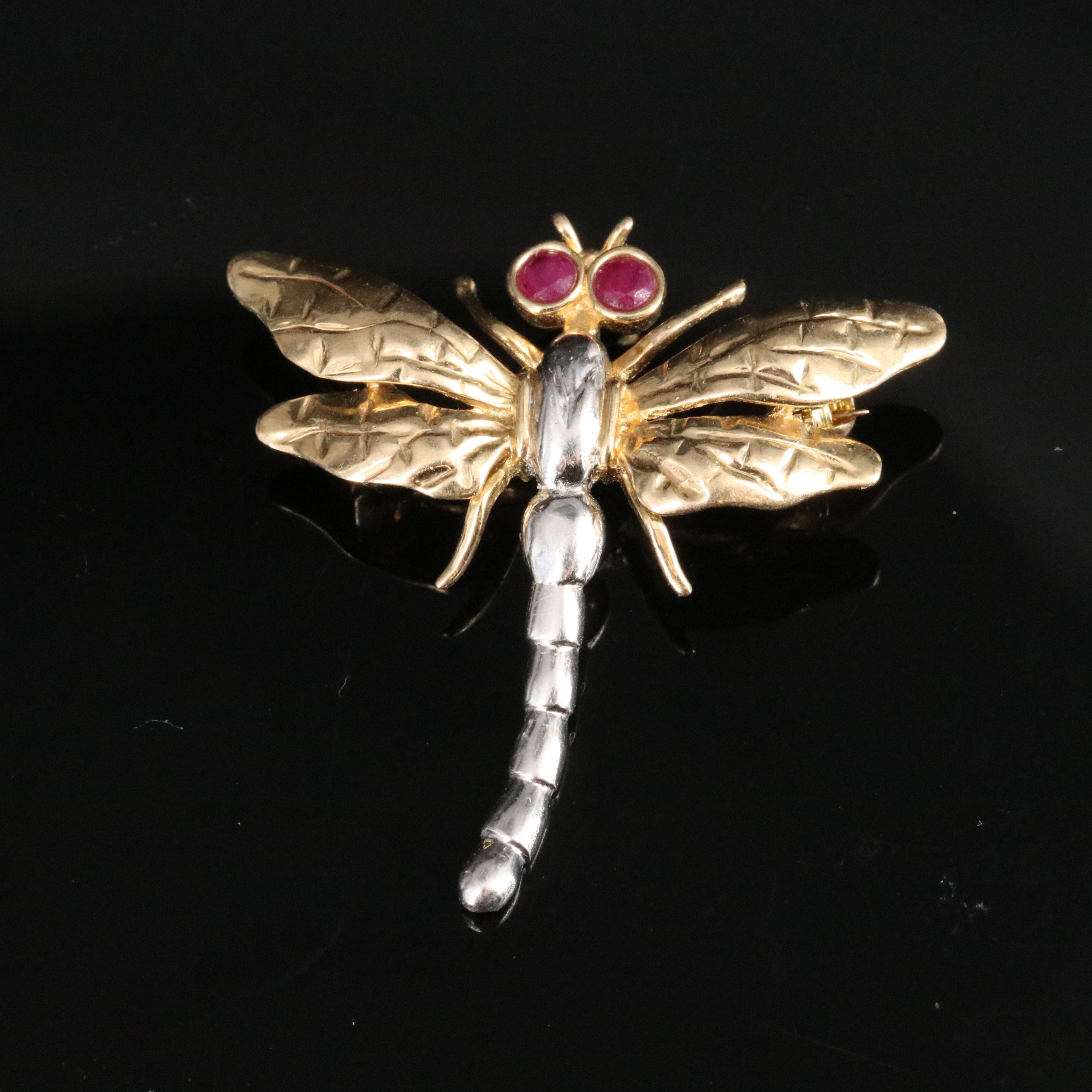 14K Two-Tone Ruby Eyed Dragonfly Brooch