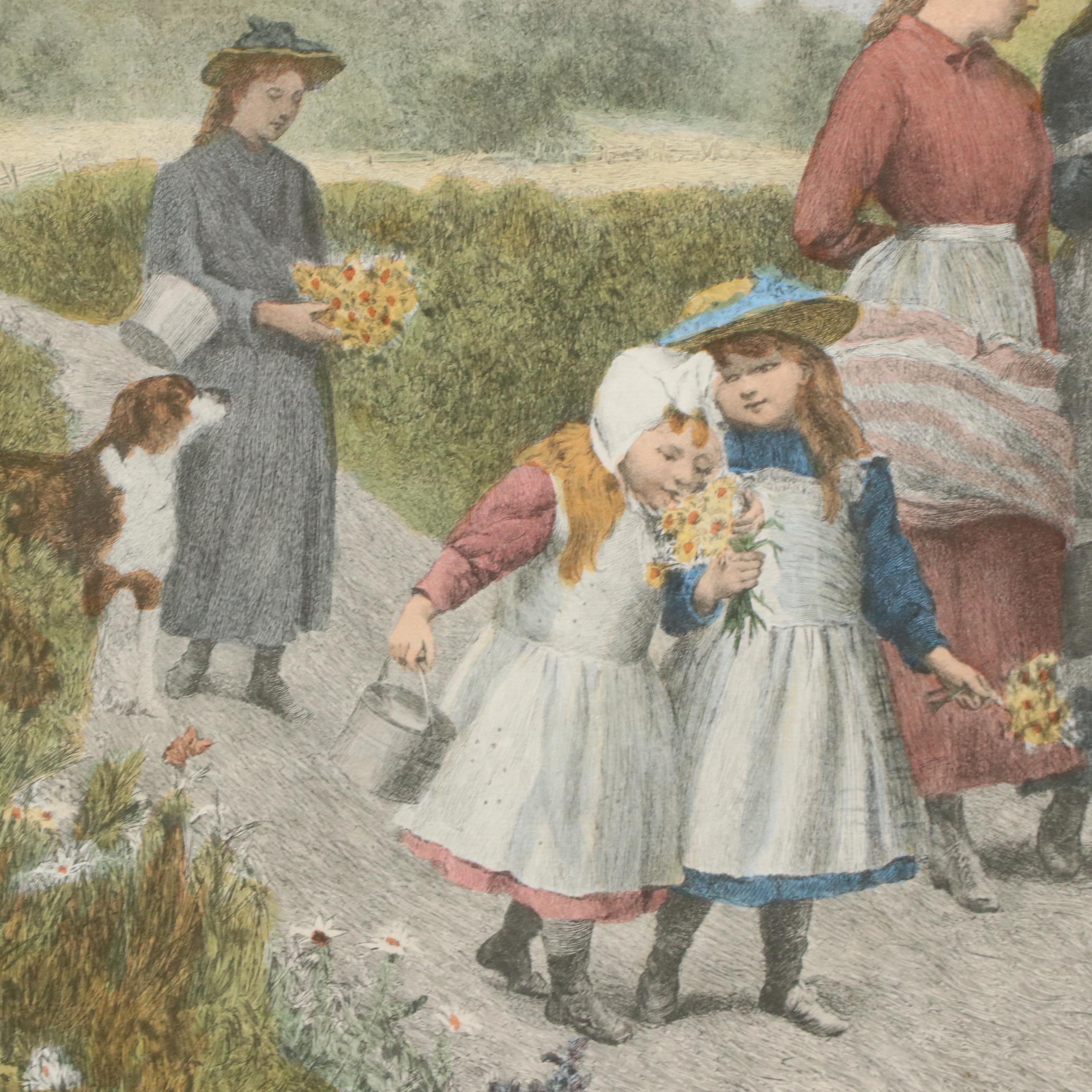 Hand-Colored Halftone After Jennie Brownscombe "Berry Pickers"