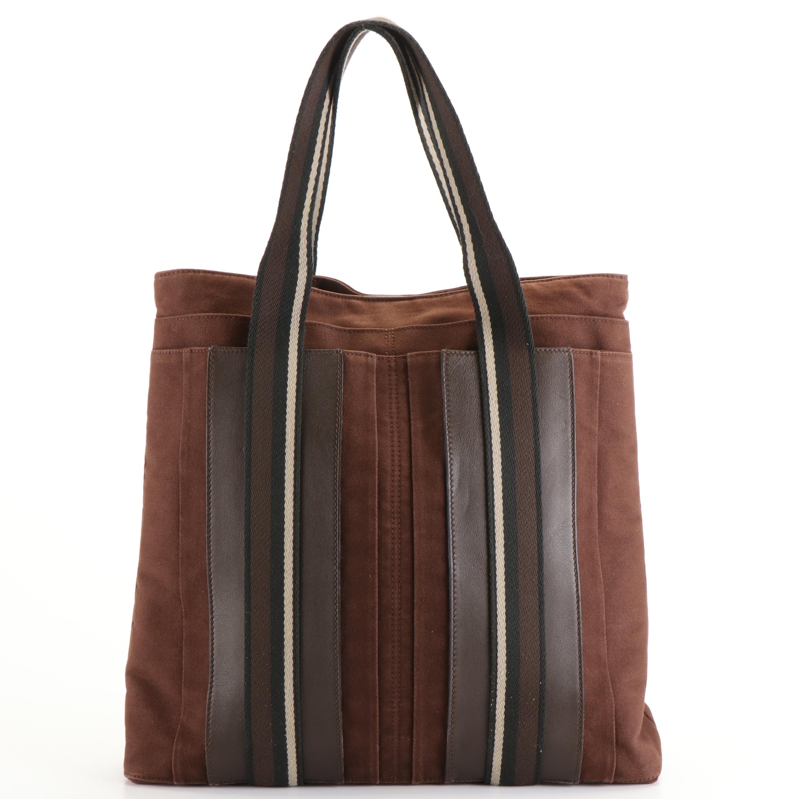Hermès Troca Vertical Tote Bag in Brown Canvas and Leather