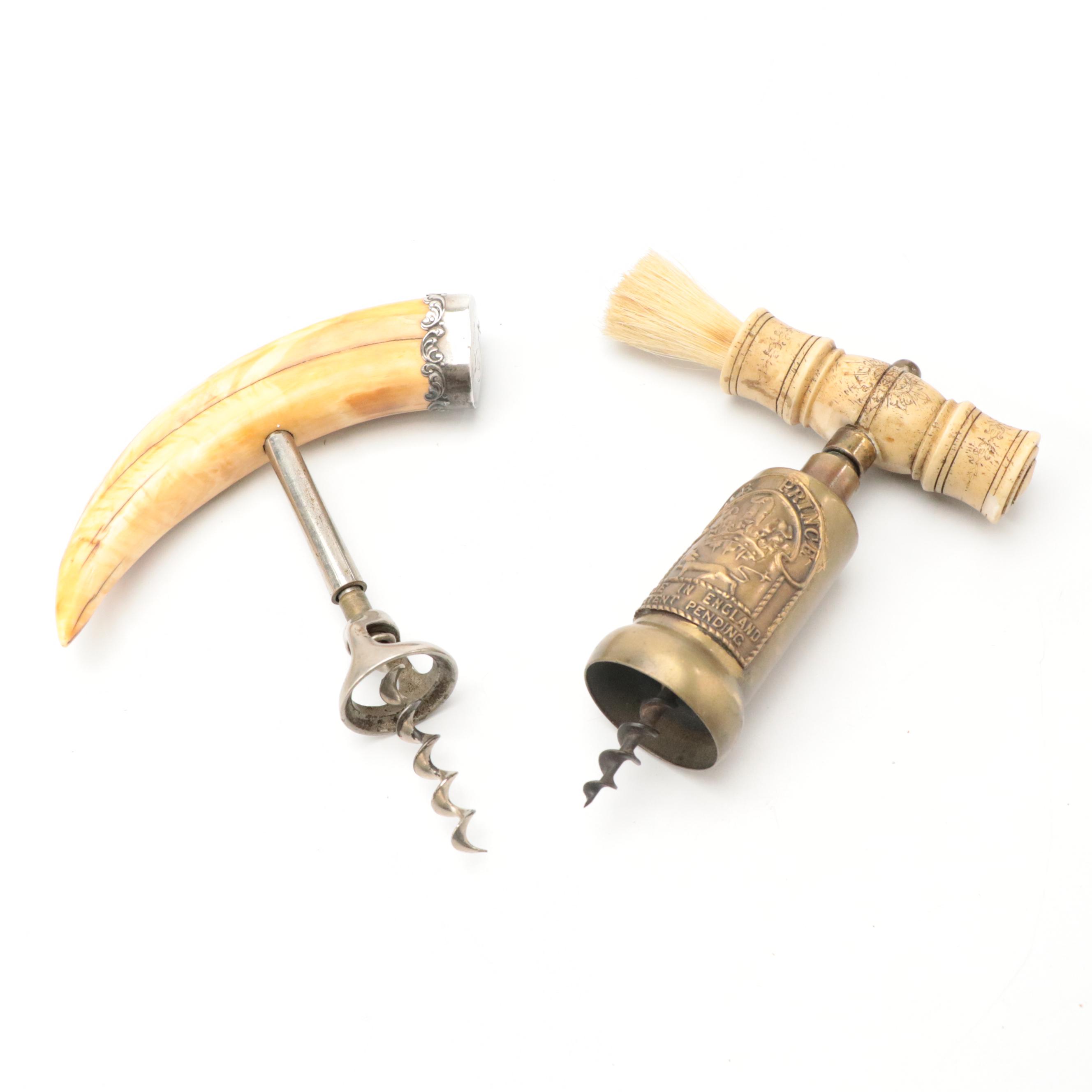 Sterling Capped Boar Tusk Handle Corkscrew with Composite Brush Handle Corkscrew
