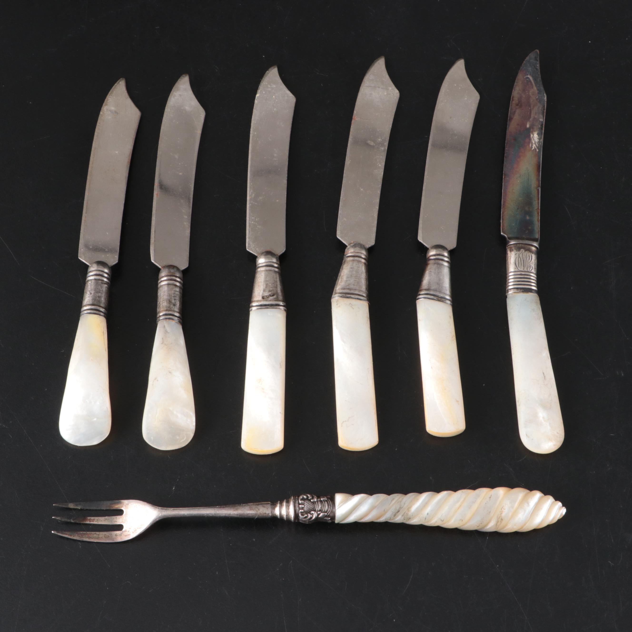 English George Unite Sterling and MOP Seafood Fork with Other MOP Handled Knives