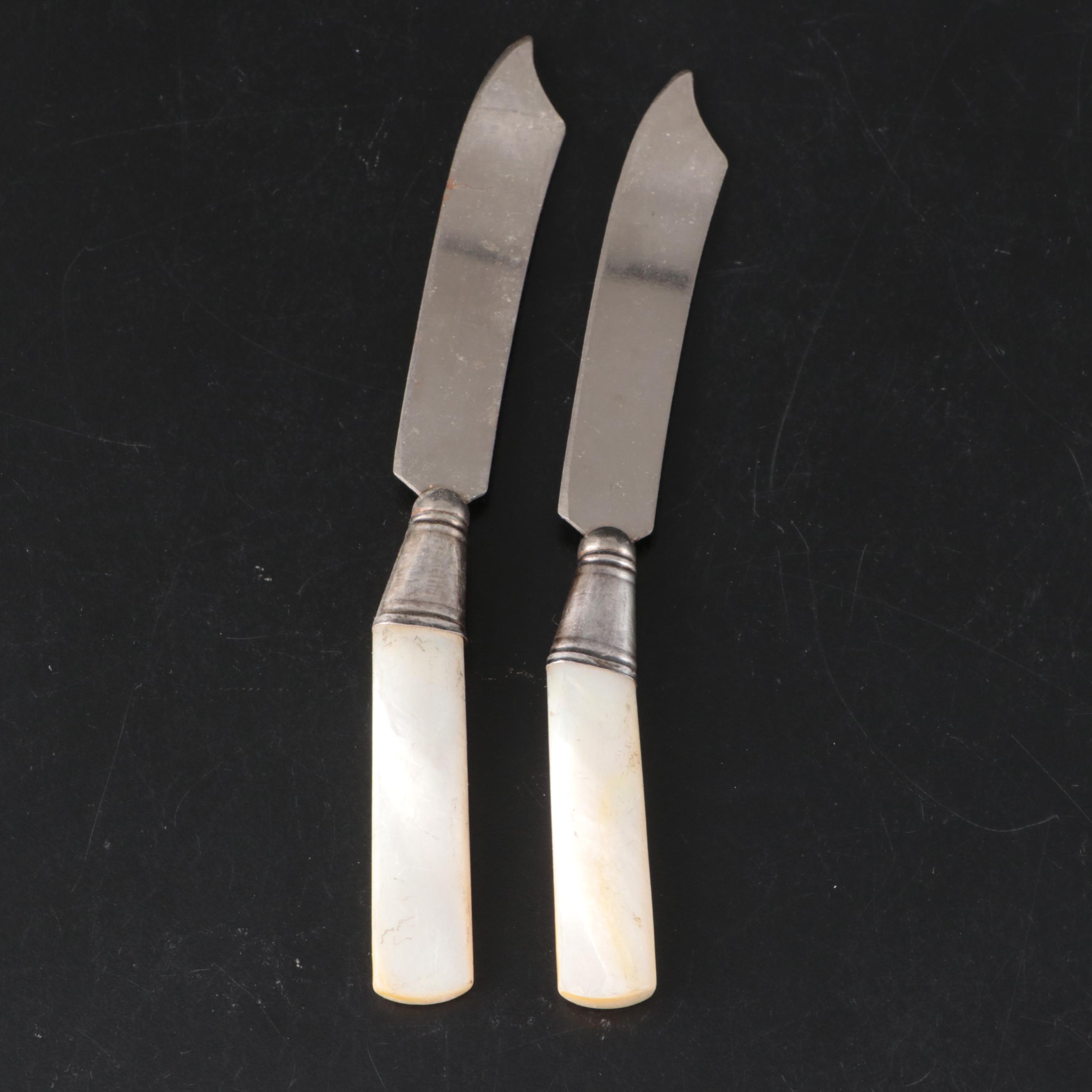 English George Unite Sterling and MOP Seafood Fork with Other MOP Handled Knives