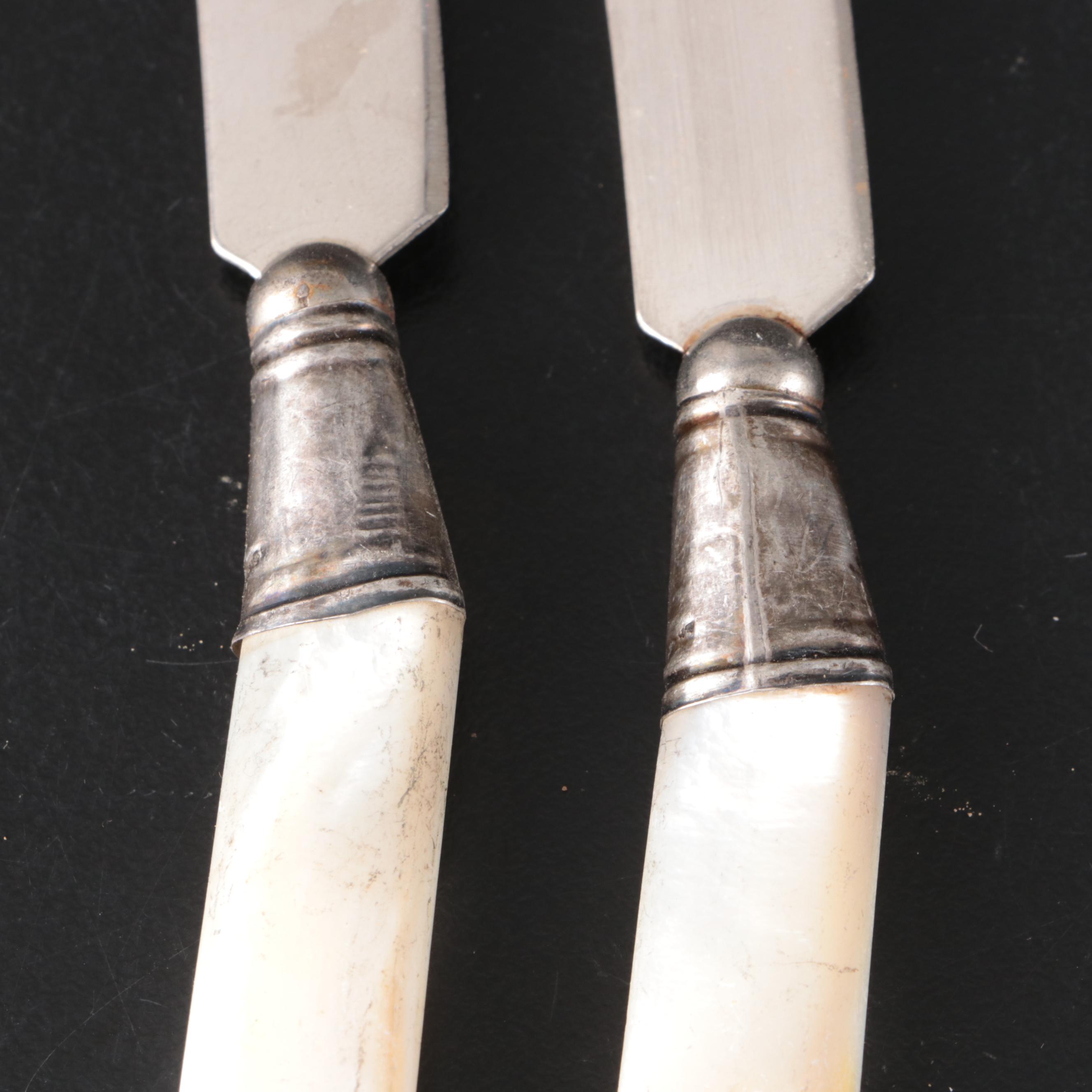 English George Unite Sterling and MOP Seafood Fork with Other MOP Handled Knives