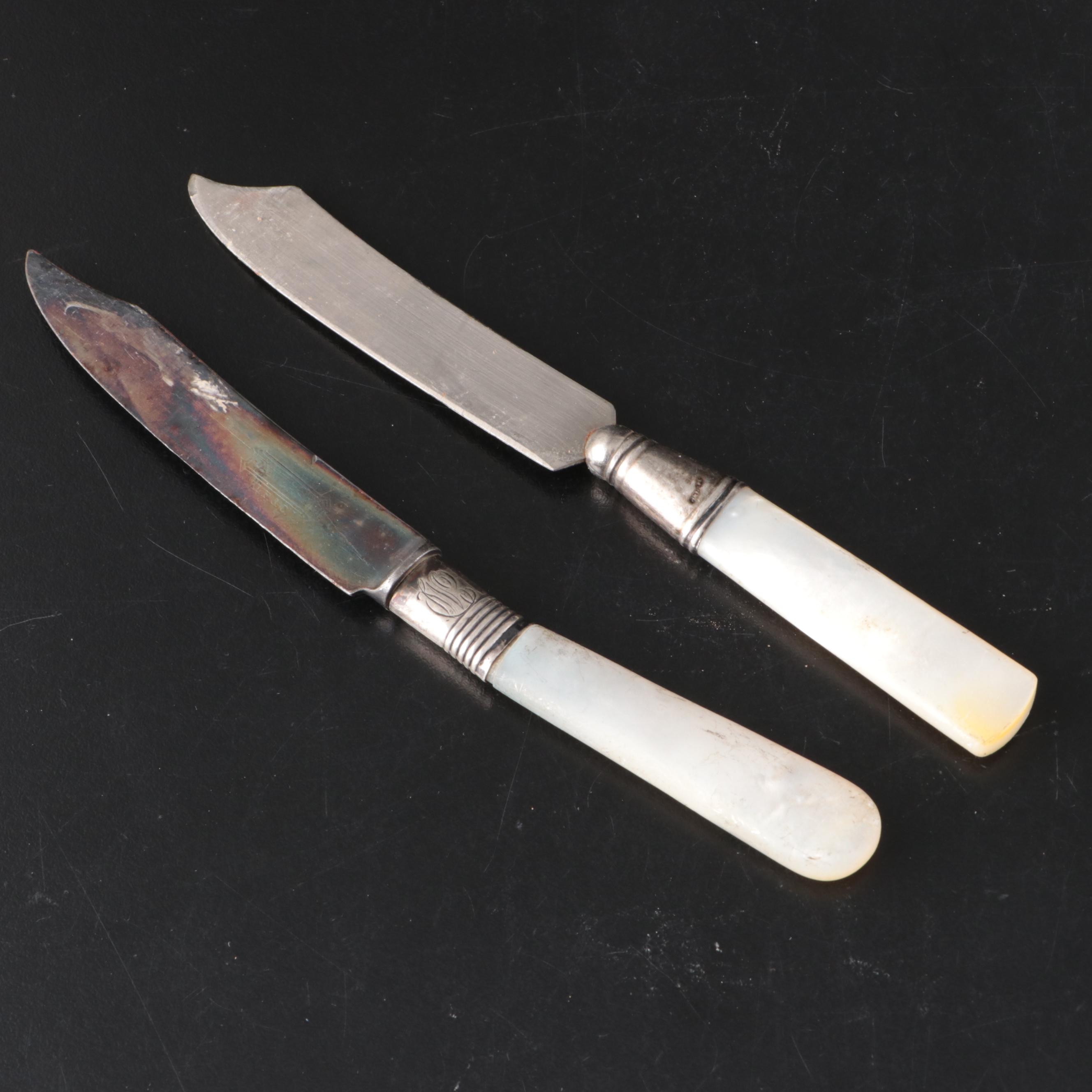 English George Unite Sterling and MOP Seafood Fork with Other MOP Handled Knives