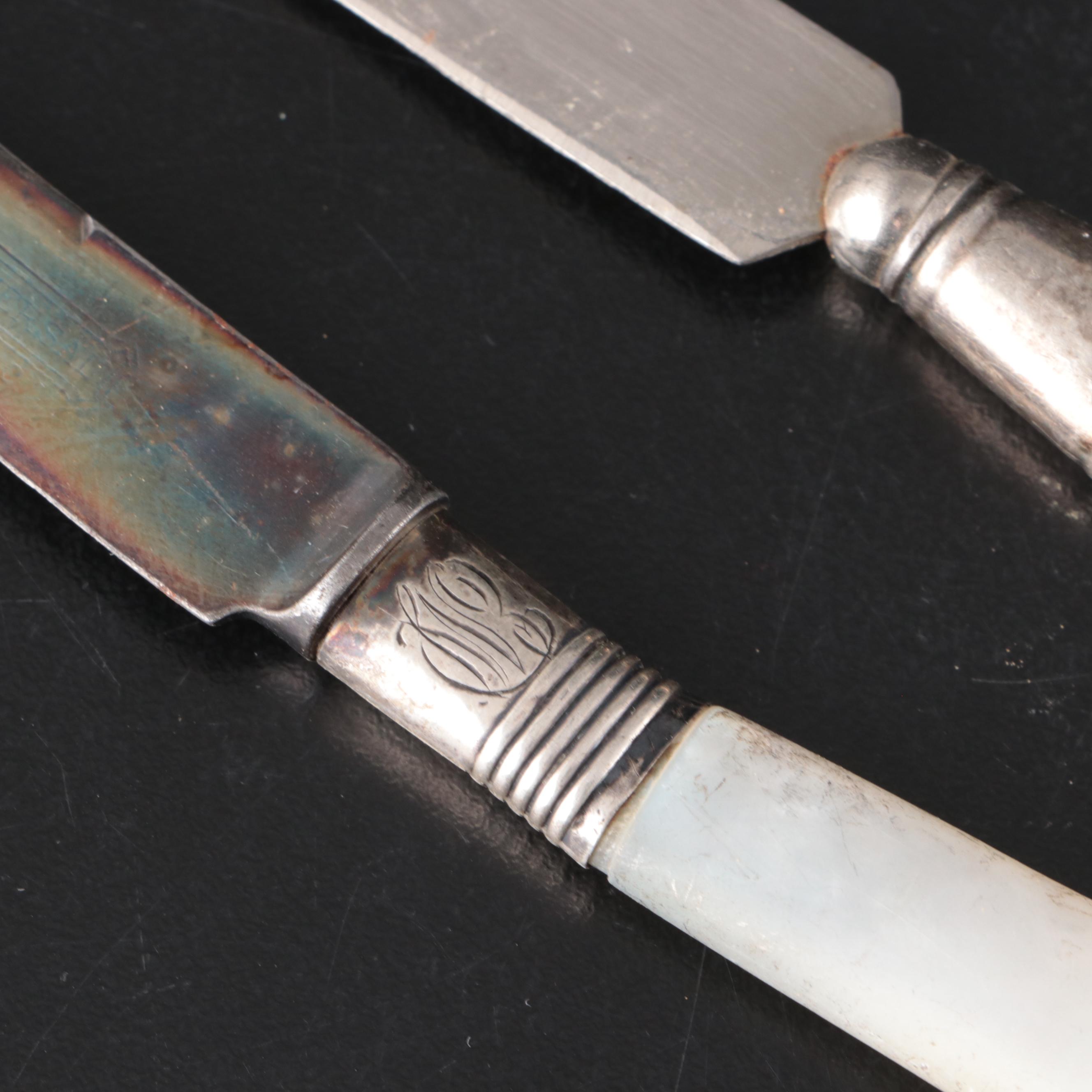 English George Unite Sterling and MOP Seafood Fork with Other MOP Handled Knives