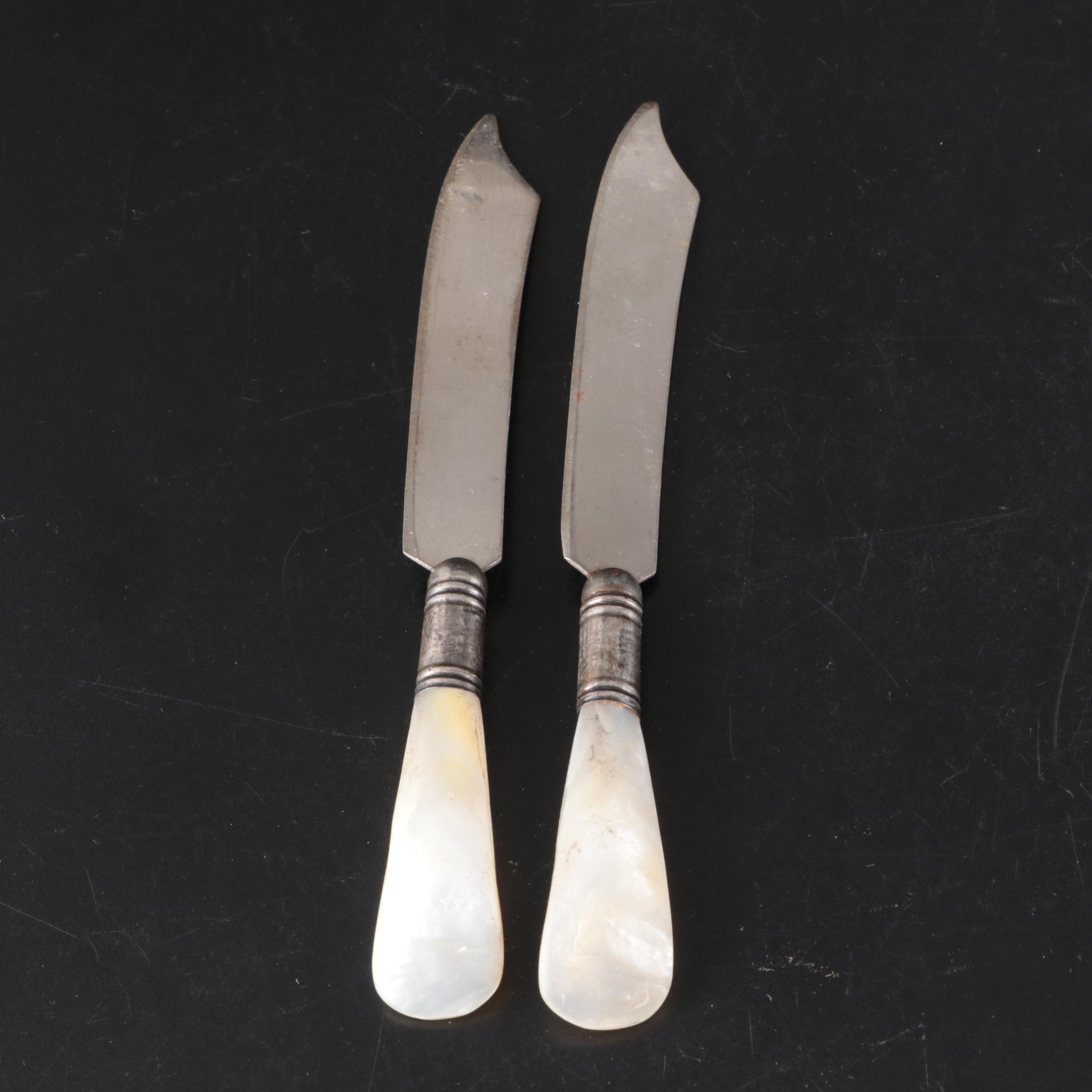 English George Unite Sterling and MOP Seafood Fork with Other MOP Handled Knives
