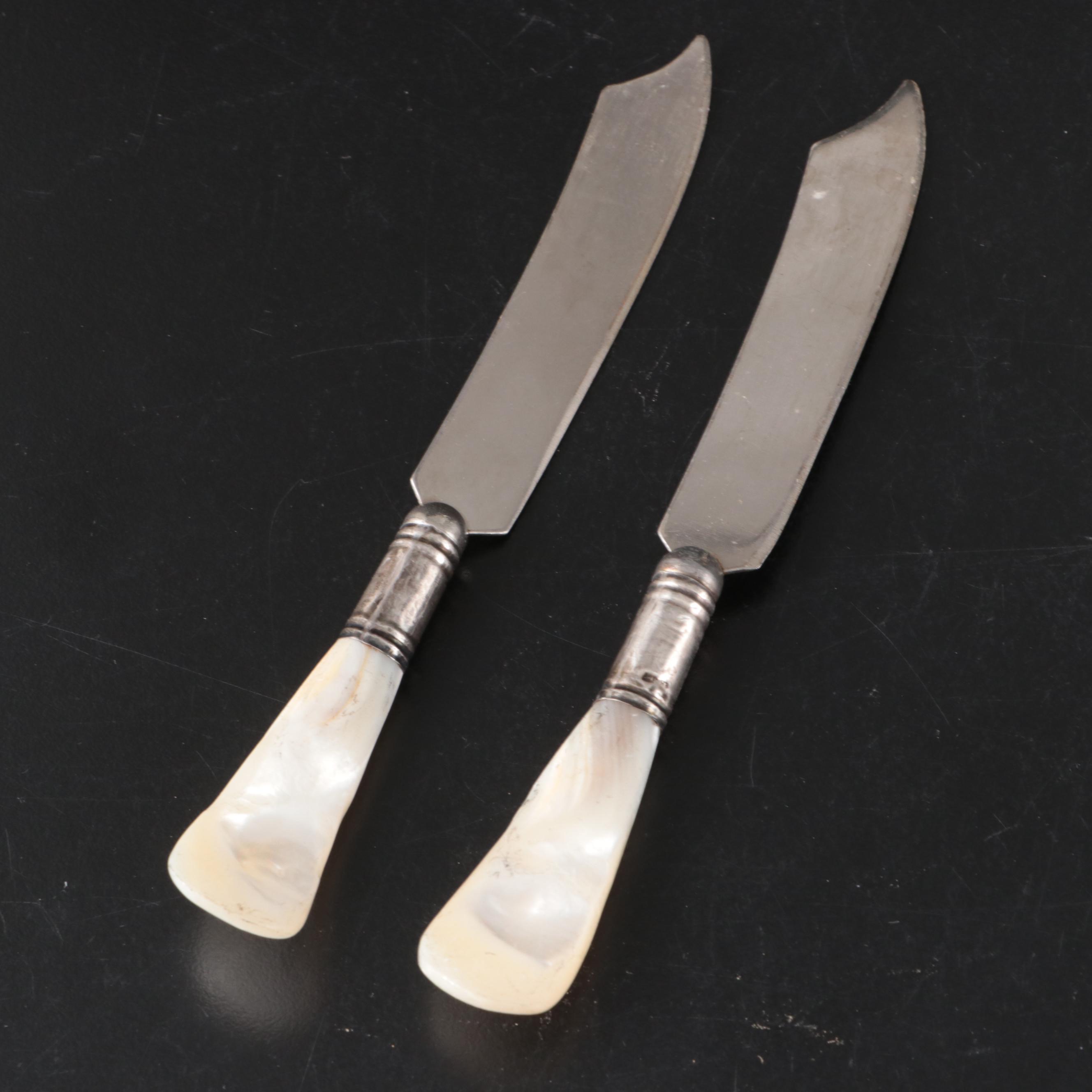 English George Unite Sterling and MOP Seafood Fork with Other MOP Handled Knives