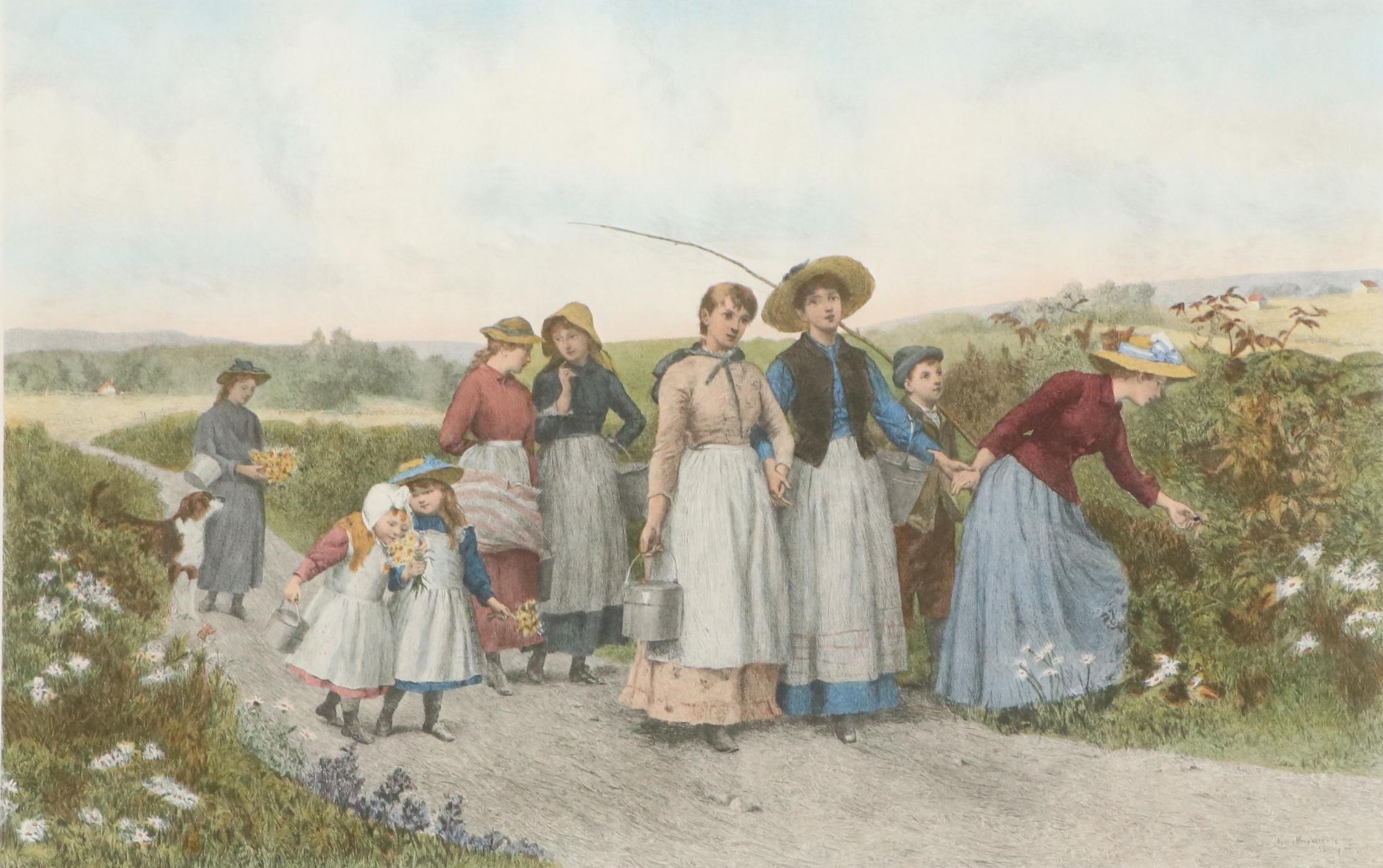 Hand-Colored Halftone After Jennie Brownscombe "Berry Pickers"